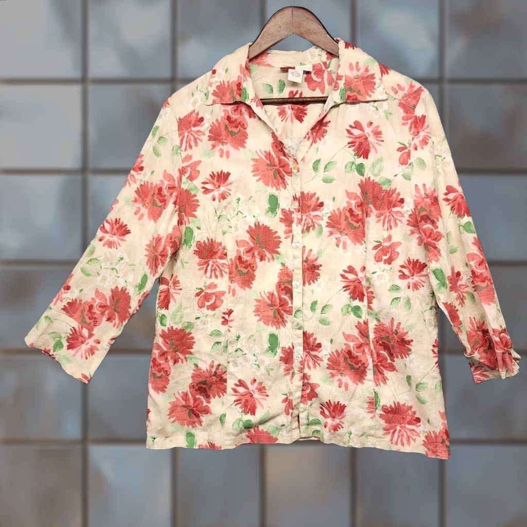 JM Collection JM Collection Womens Top 12 Floral Linen 3/4 Sleeve Button Front Collared Neckline Button-Up Camp Lagenlook Pink Womens Size 12 Regular Crew Neck? Size XL / US 12-14 / IT 48-50 - 1 Thumbnail