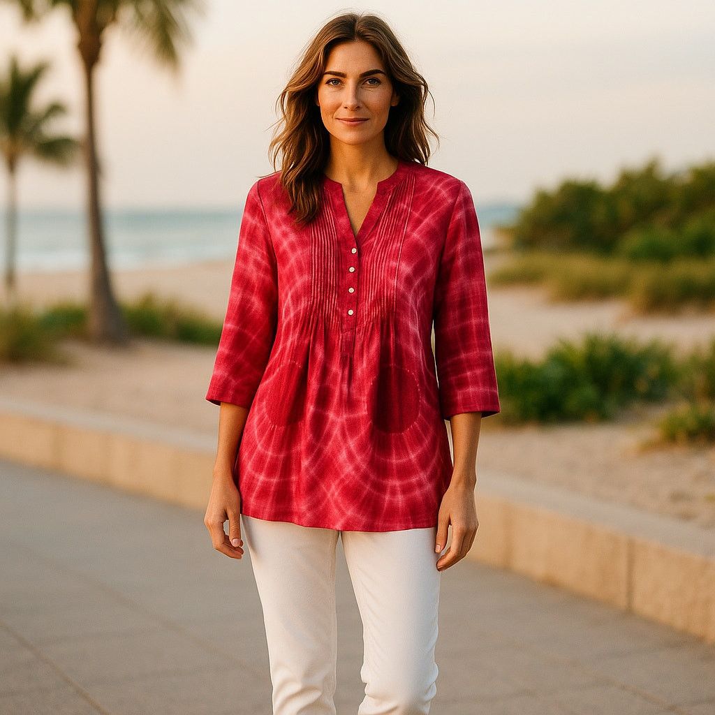 Chicos Chico's Petite Tie Dye Pintuck Peasant Blouse Deep Cherry Size XS / US 0-2 / IT 36-38 - 2 Thumbnail