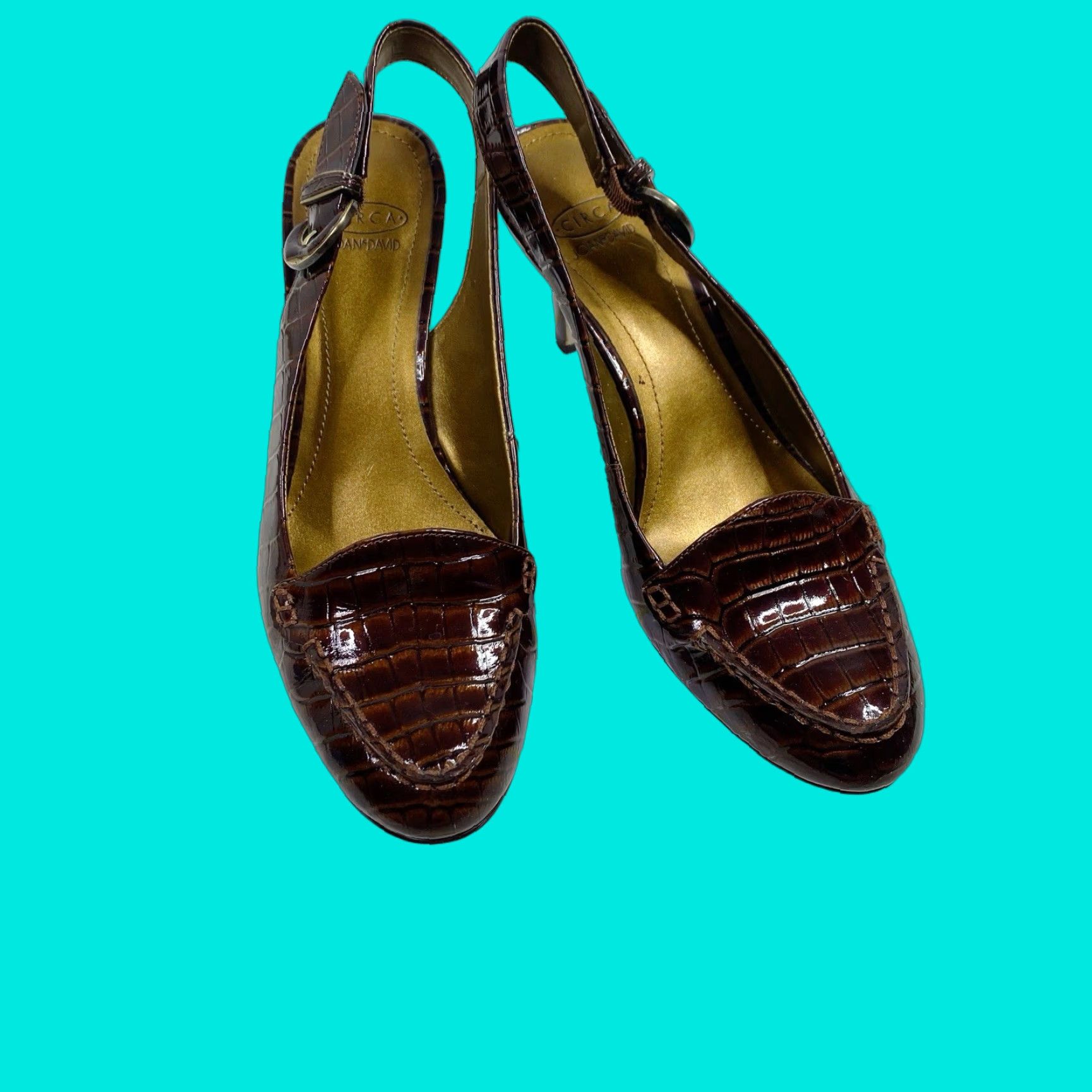Vintage Circa Joan & David Brown Patent Leather Slingback Heel Shoes Size 8.5 Womens