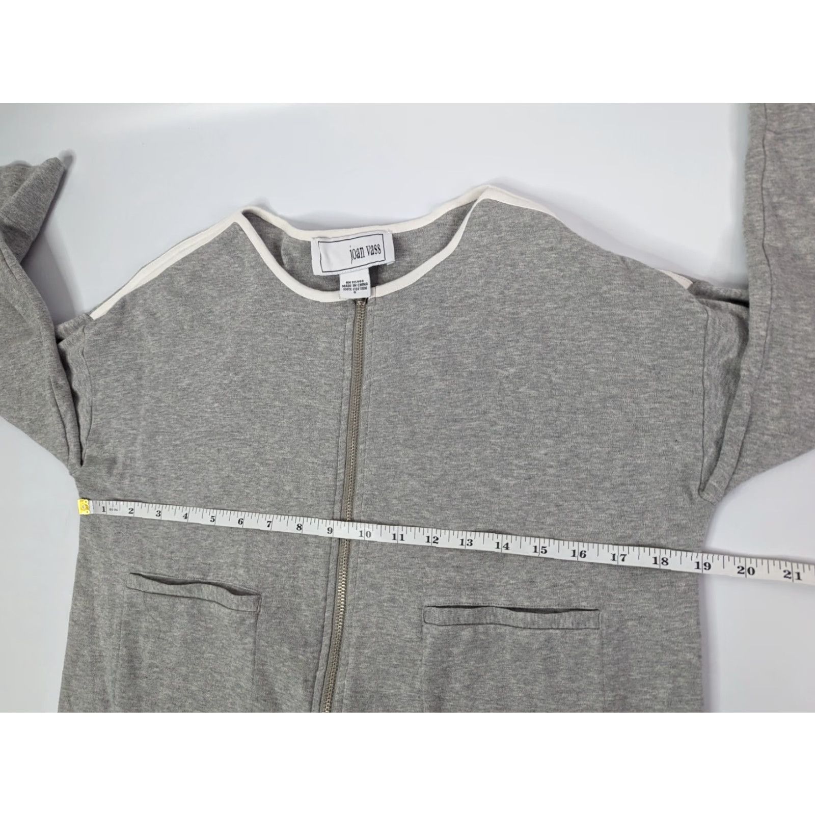 Vintage Joan Vass Jacket Zip ¾ Sleeves Grey Cardigan White Trim 0 Size Front Pockets Women 100% Cotton Size XS / US 0-2 / IT 36-38 - 5 Thumbnail
