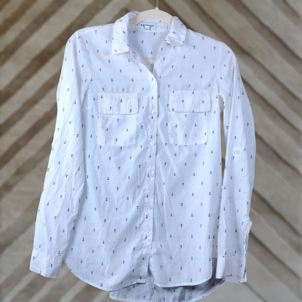 Express Express Womens Shirt White Anchor City Shirt Button Down Roll Tab Sleeve XS Size XS / US 0-2 / IT 36-38 - 1 Thumbnail