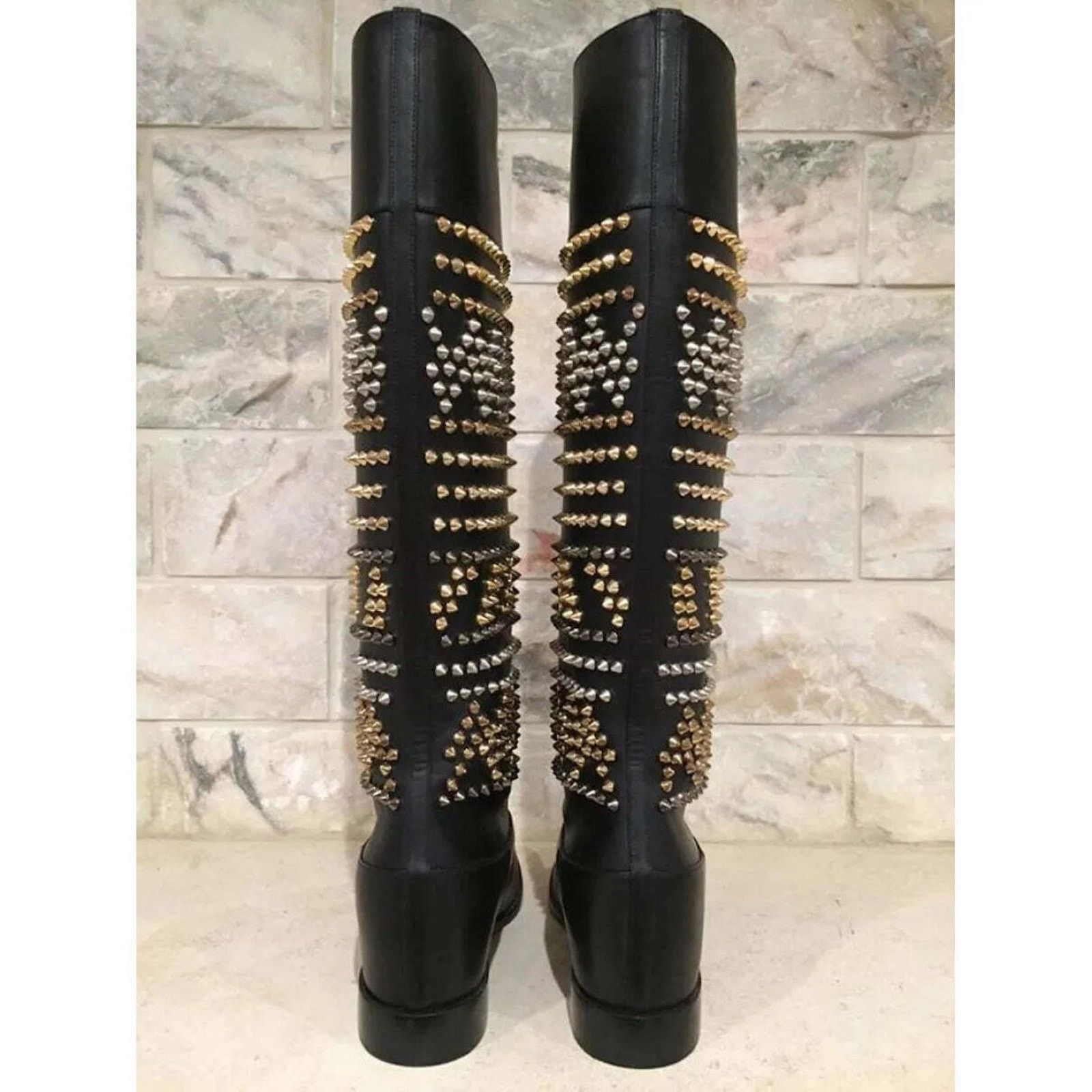 Christian Louboutin Christian Louboutin Rom Chic Spike Leather Black Knee High Size US 5.5 / IT 35.5 - 6 Thumbnail