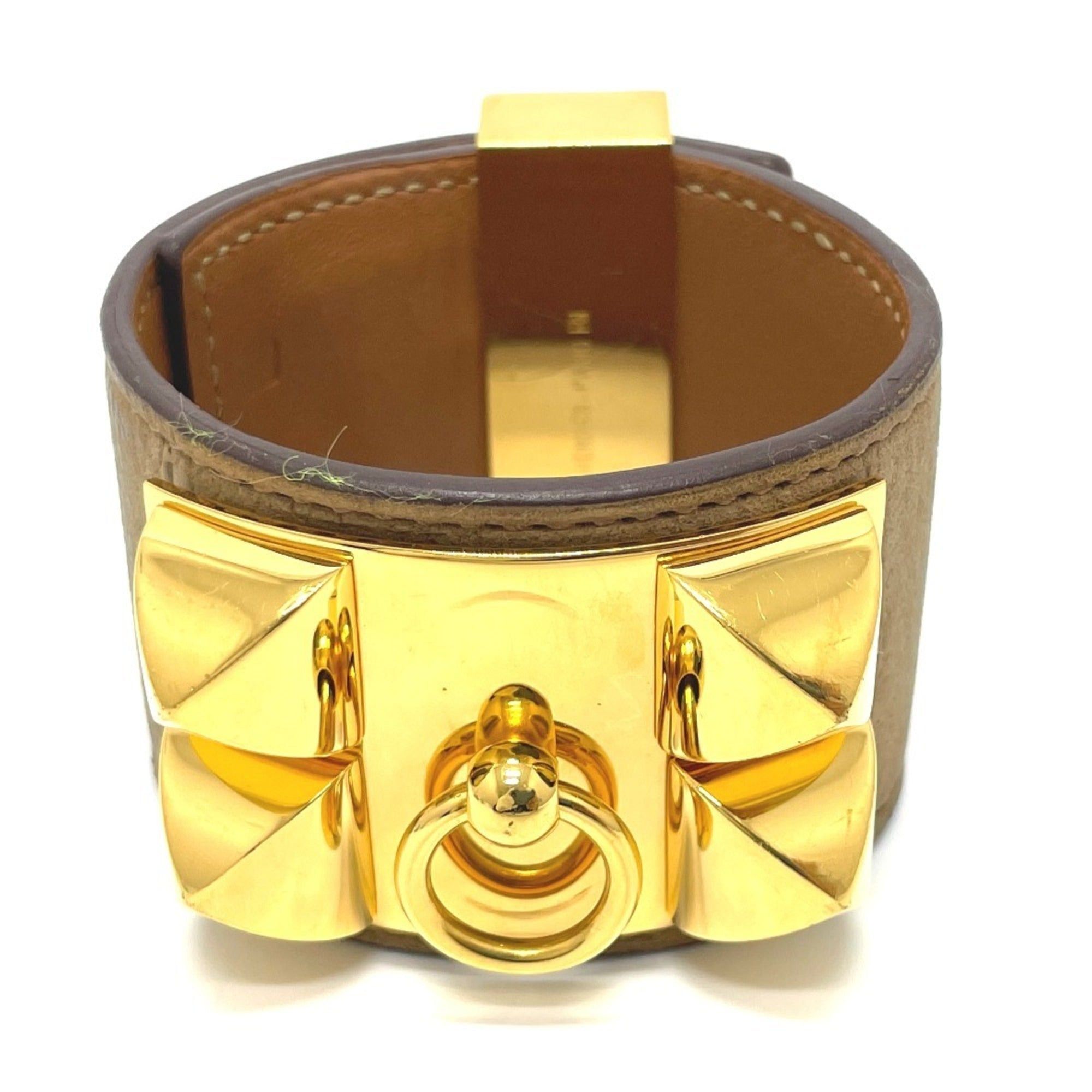 image of Hermes Medor Corriedossian Leather Bracelet Women's Brown X Gold Hardware in Black