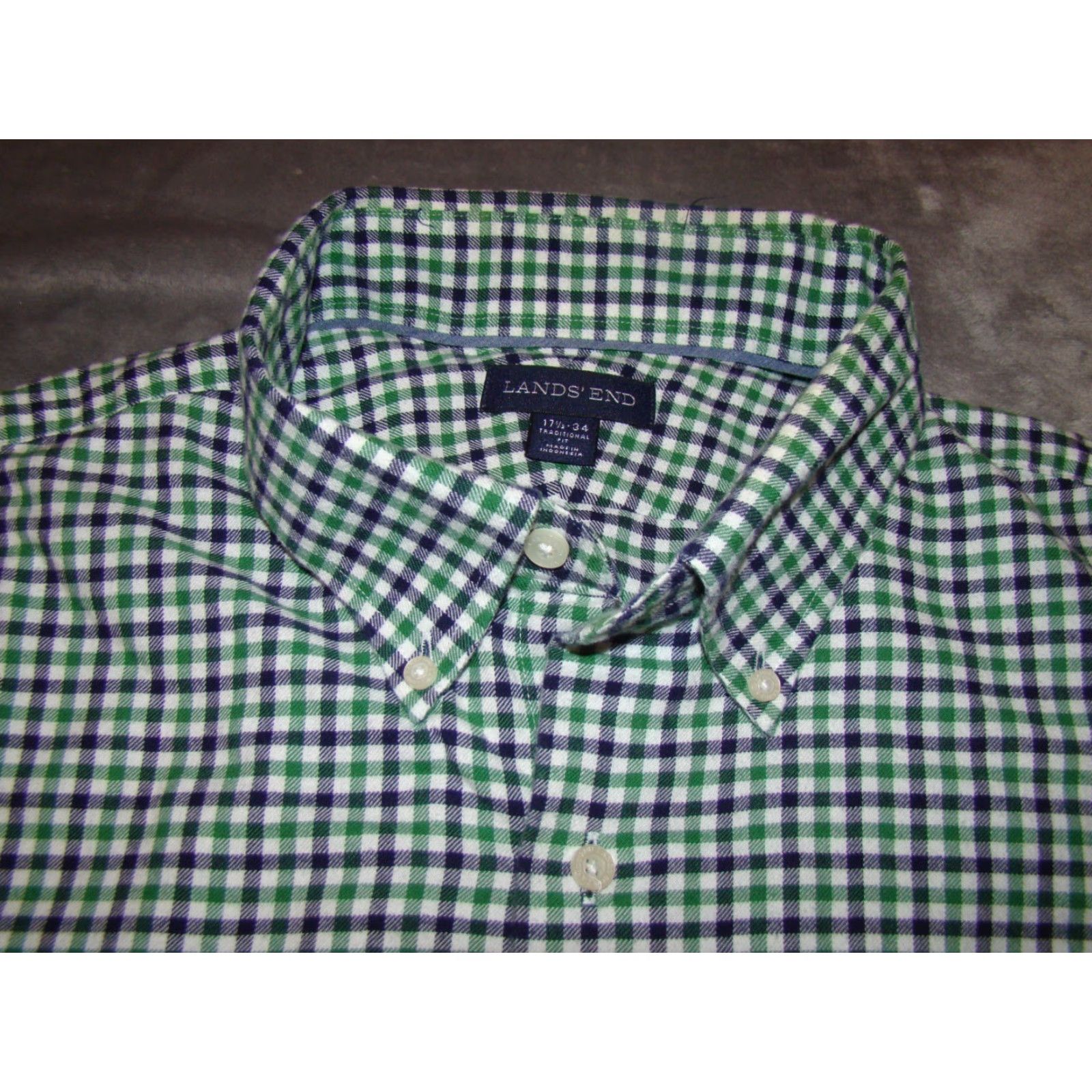 Lands' End Lands' End Mens Button-Up Shirt Plaid Green Blue 100% Cotton Traditional Fit Long Sleeve Button-Down Collar 17.5 34 Regular Vintage: No Size US XXL / EU 58 / 5 - 3 Thumbnail
