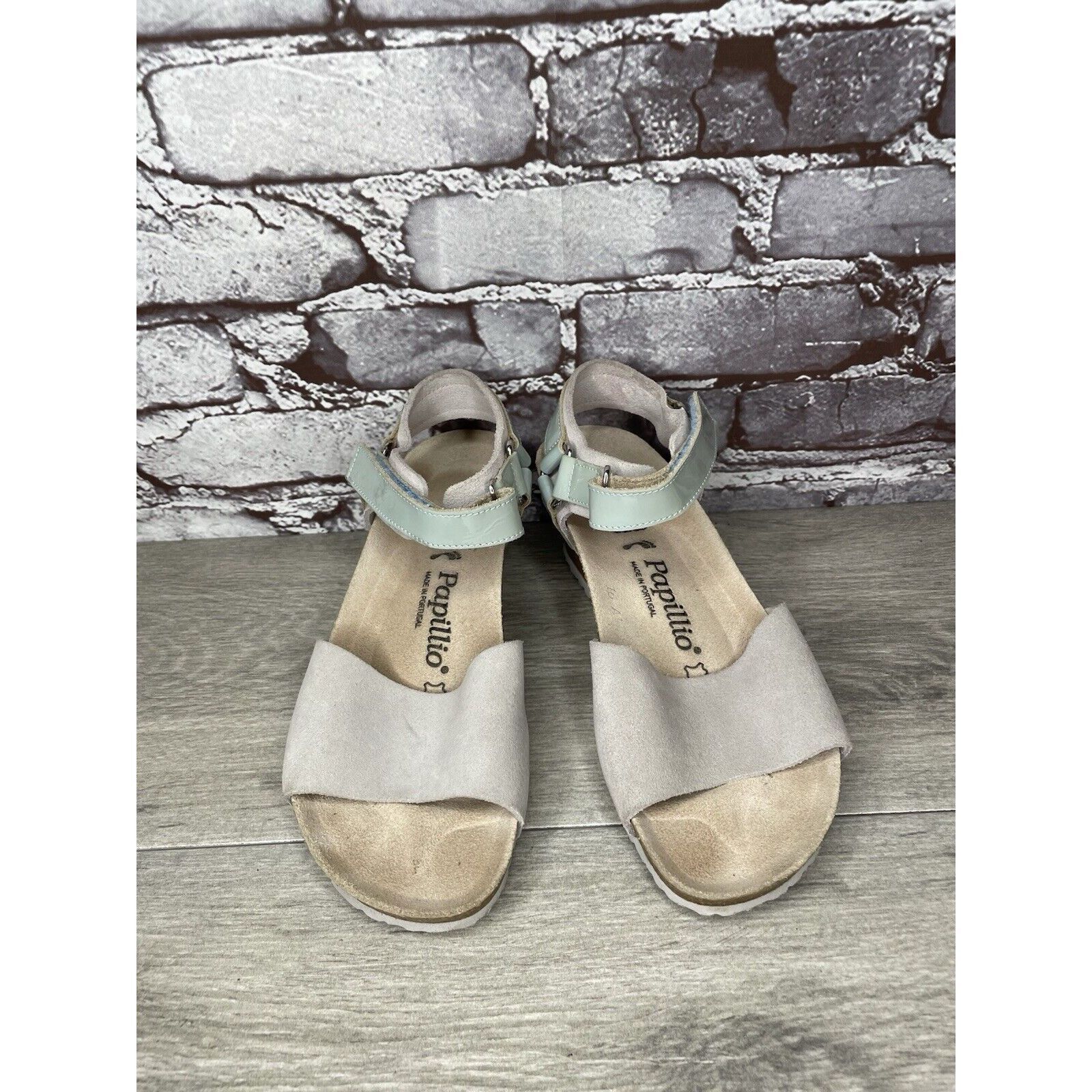 Birkenstock Papillio Grey Nubuck Suede Teal Patent Cork Wedg