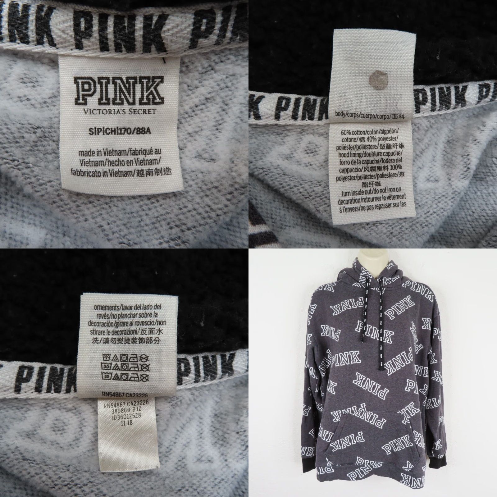 Victoria's Secret PINK Victoria's Secret Women's Small Dark Gray Logo Pullover Hoodie Sherpa Hooded Pullover Size S / US 4 / IT 40 - 8 Thumbnail