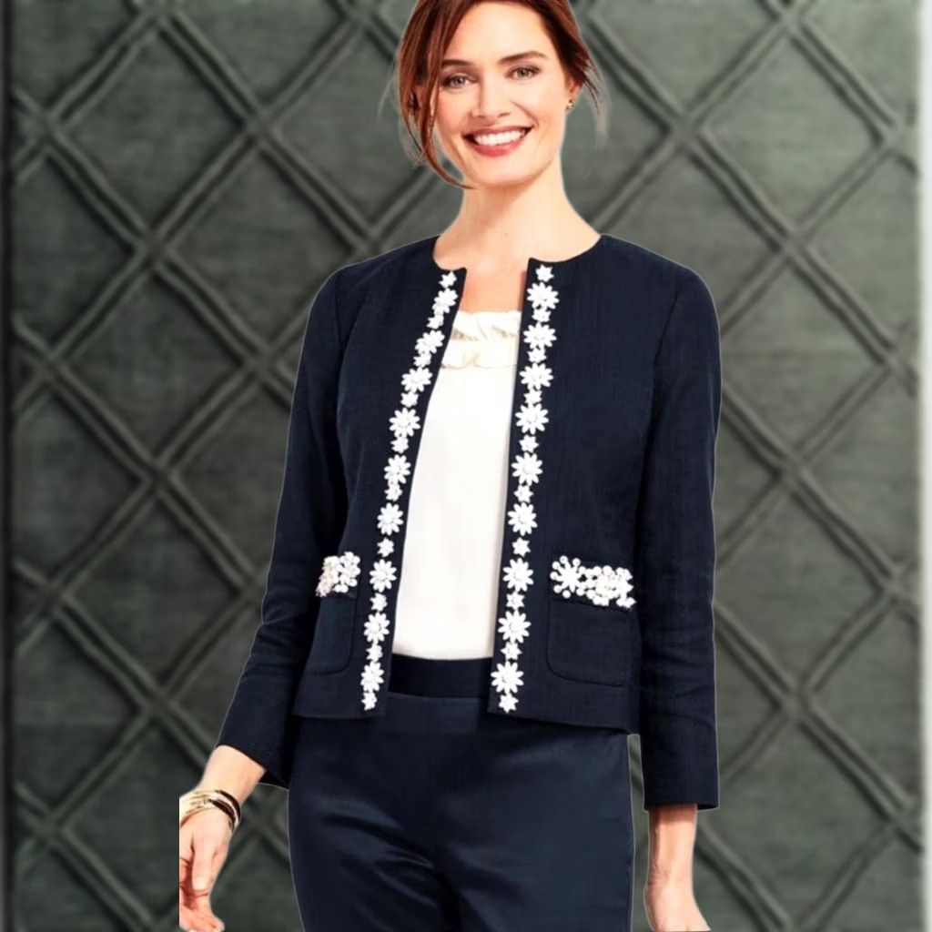 Talbots Talbots Hand-Beaded Jacket Navy White 3/4 Sleeve Petite 16 Beaded Business Casual Womens Jacket Size XXL / US 16-18 / IT 52-54 - 1 Thumbnail