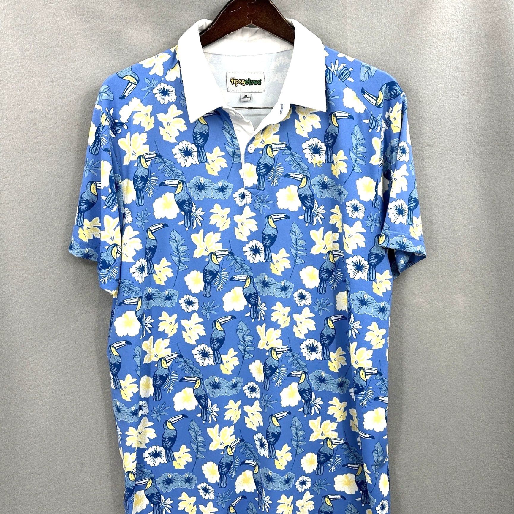 Vintage Tipsy Elves Polo Golf Shirt Mens L Floral Toucan Blue Short Sleeve Preppy Aloha Bird Beach 90s Mens Size US L / EU 52-54 / 3 - 2 Thumbnail