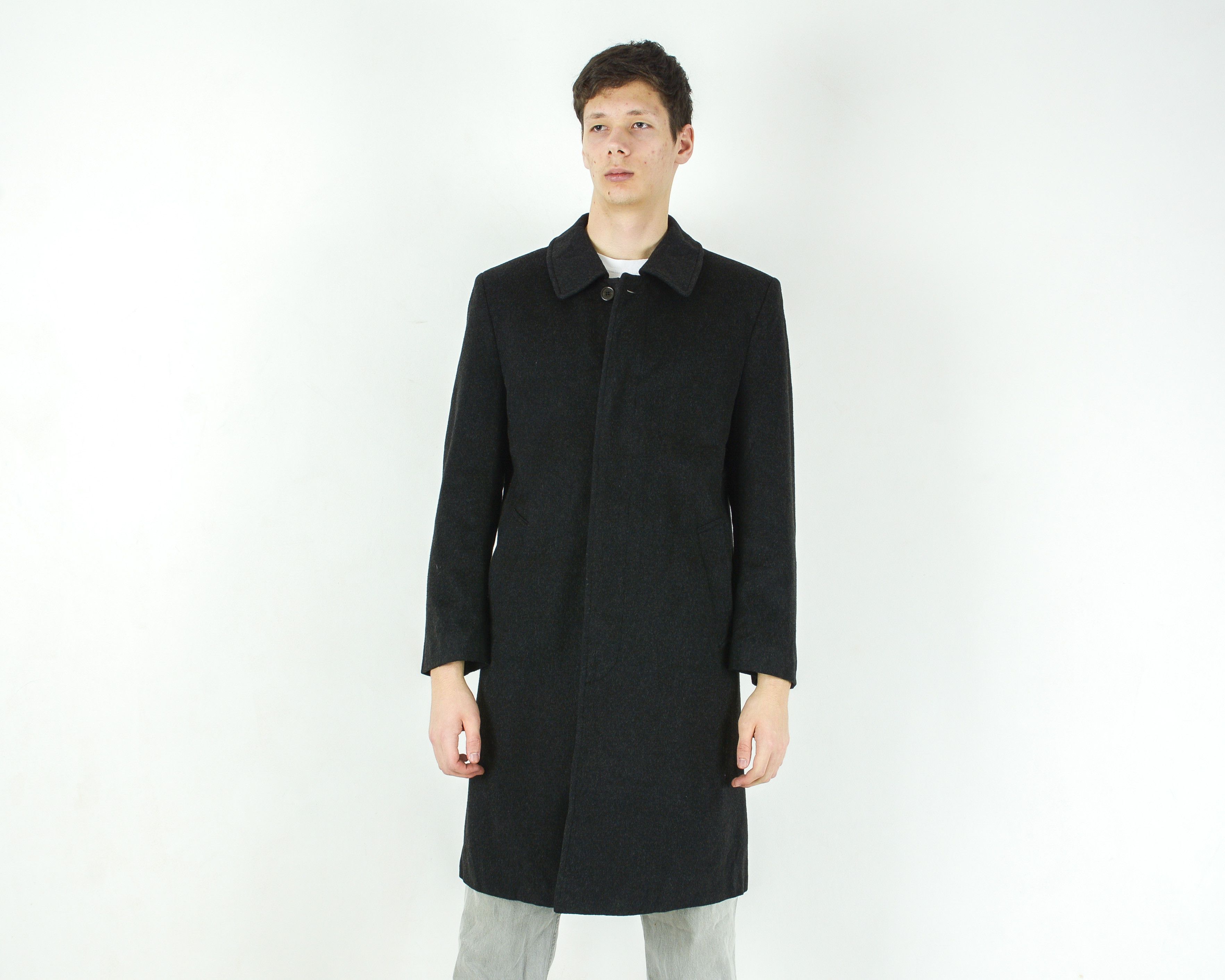 image of Vintage Weyrer Loden L Wool Trench Jacket Over Coat Winter Mac Warm in Black, Men's (Size Large)