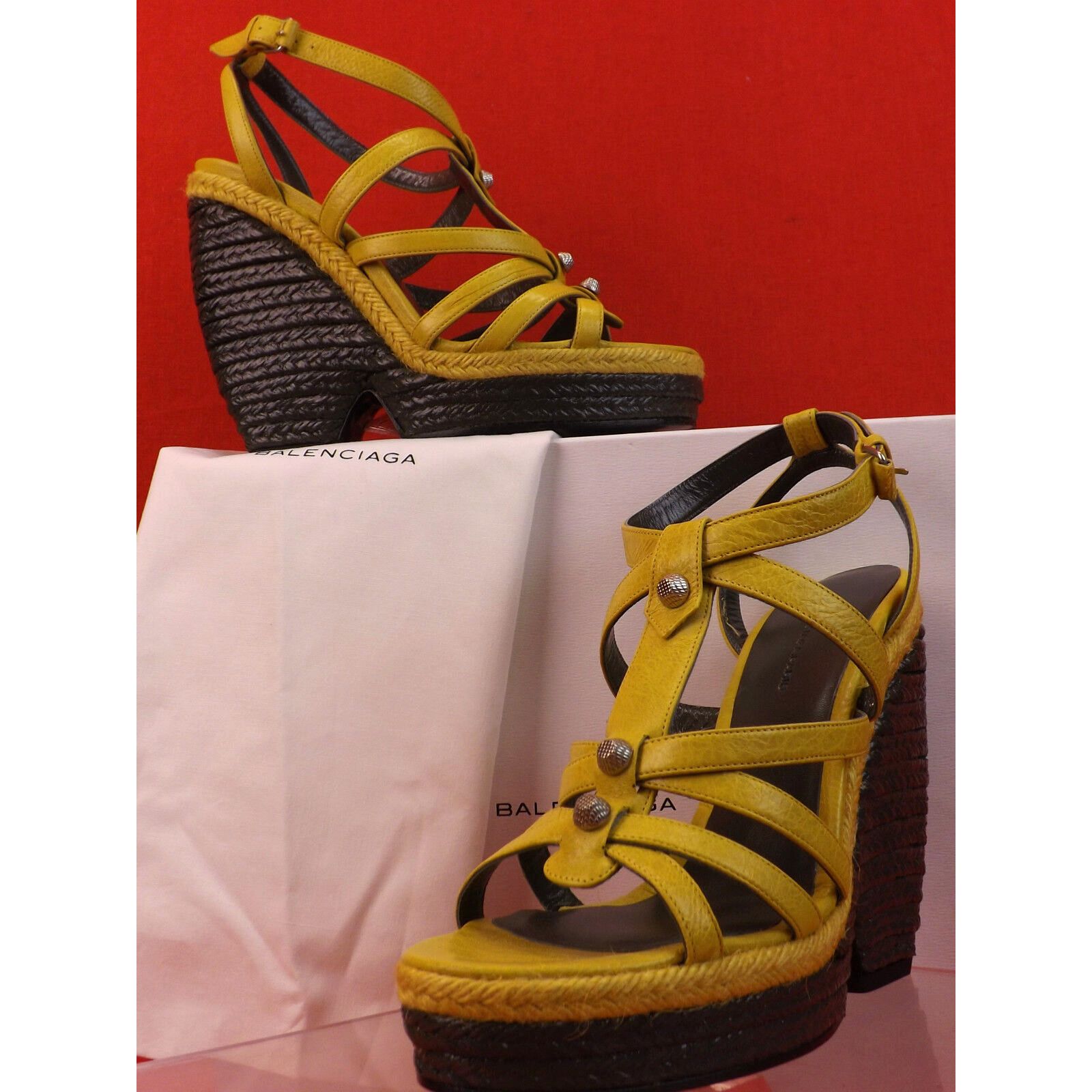 Balenciaga BALENCIAGA ARENA YELLOW LEATHER WEDGE STUDDED SANDAL 40 $745 Size US 10 / IT 40 - 4 Thumbnail