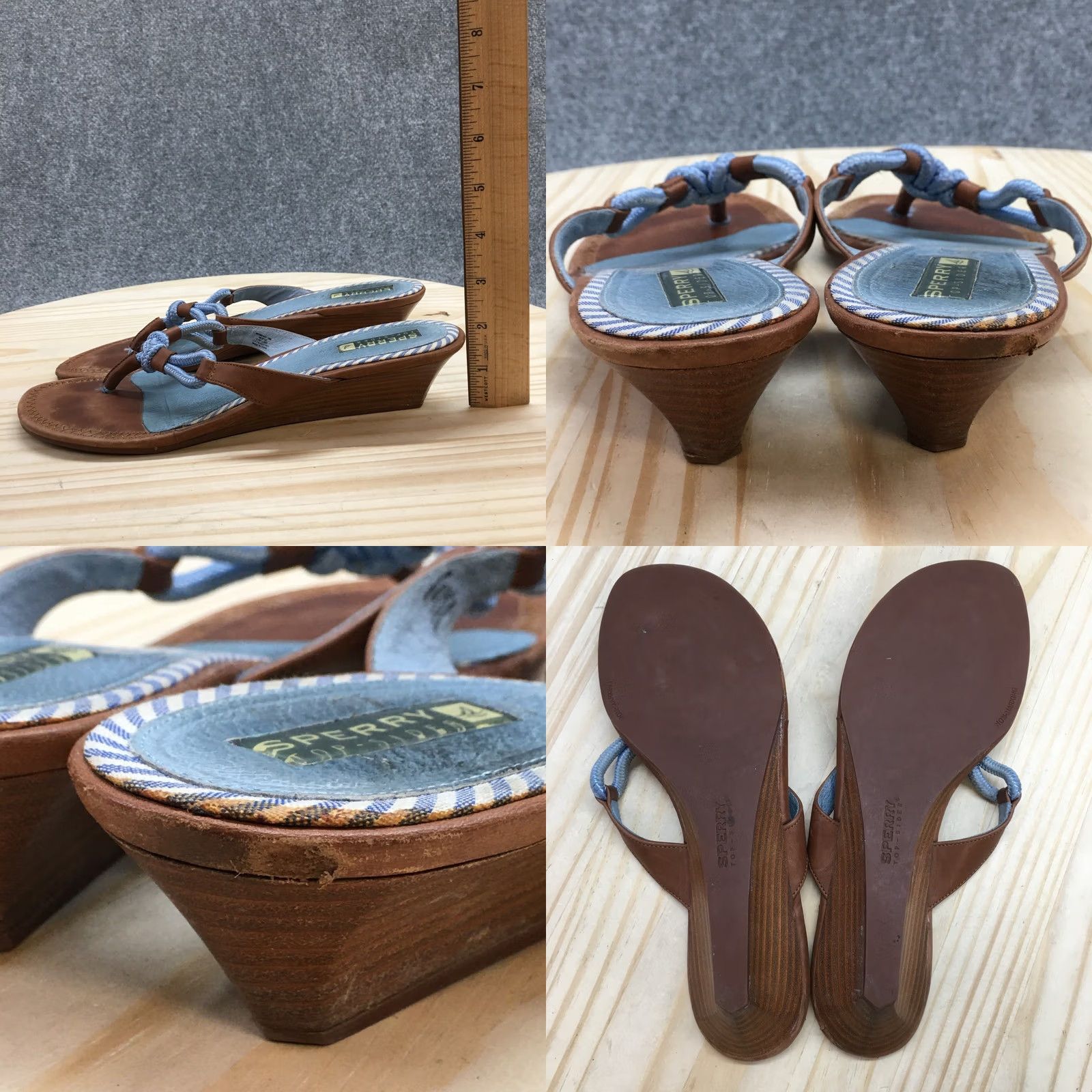 Sperry Sperry Sandals Womens 10 Brown Leather Blue Rope Thong Wedge Heels Slip On Size US 10 / IT 40 - 8 Thumbnail