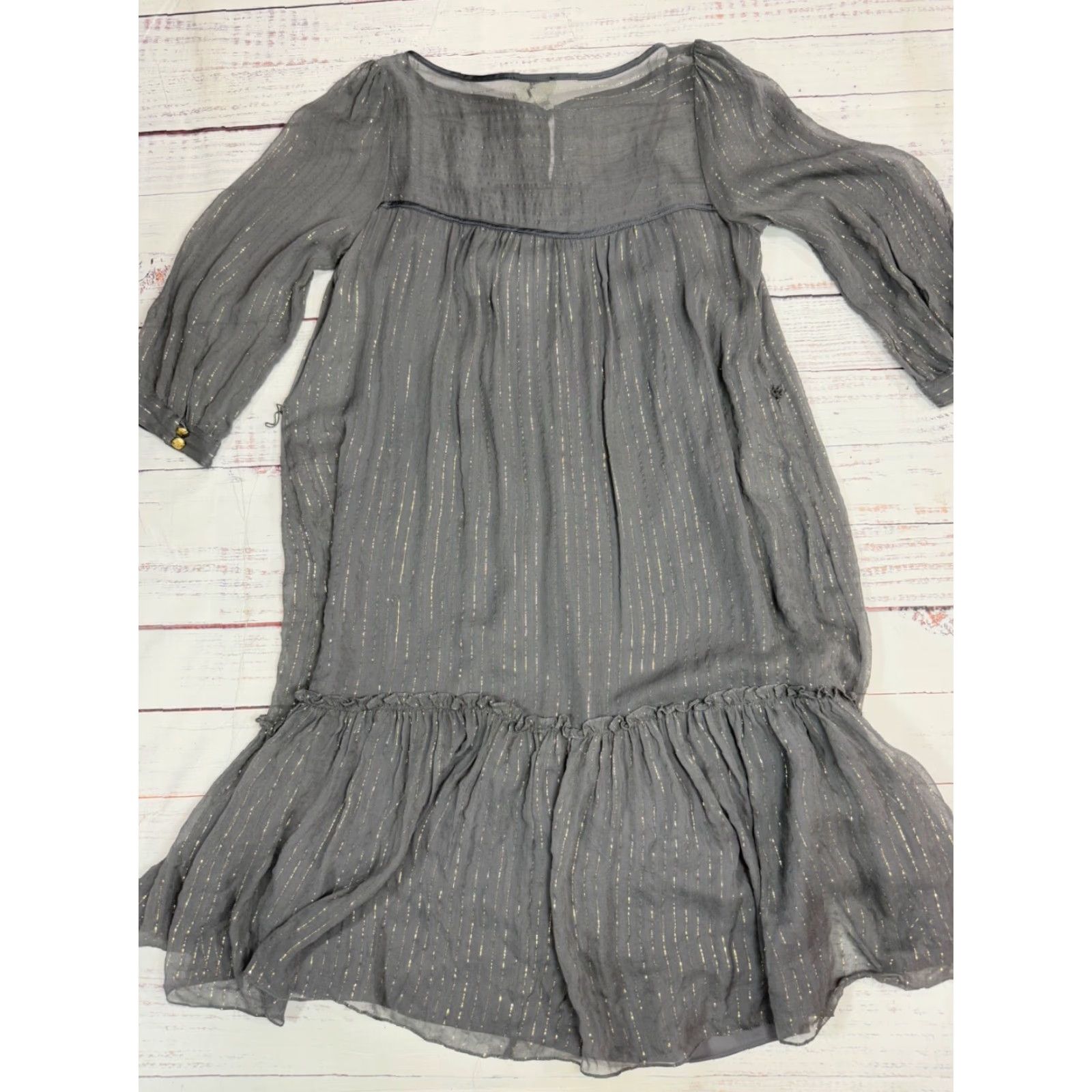 MILLY VINTAGE Milly Womens Silk Blend Midi Dress Sz 2 Gray Gold Shimmer Sheer Long Sleeve Dress Size XS / US 0-2 / IT 36-38 - 3 Thumbnail