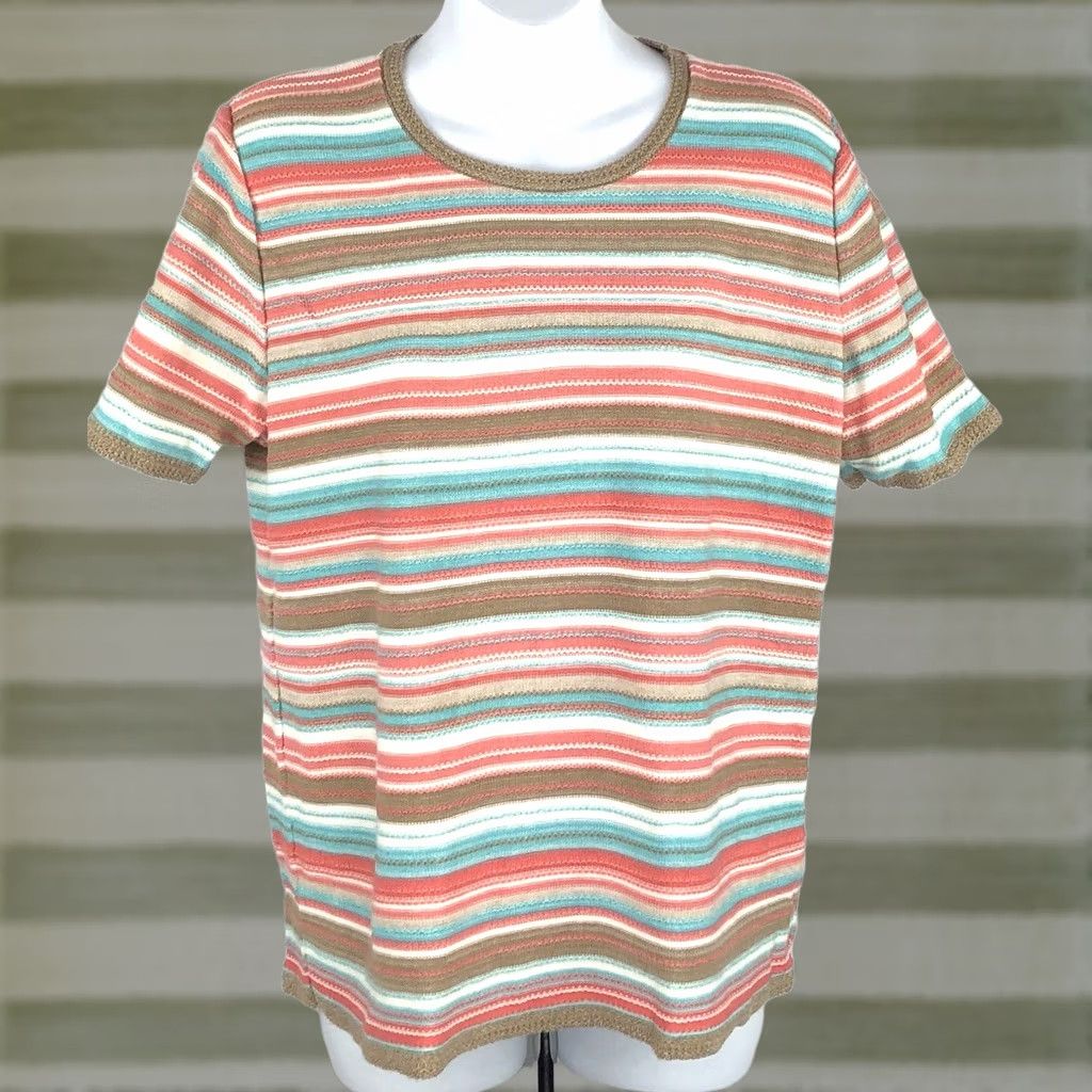 Vintage Alfred Dunner Knit crochet knit top M multi stripe short sleeve Cottage Coastal Shirt Women Size M / US 6-8 / IT 42-44 - 1 Thumbnail