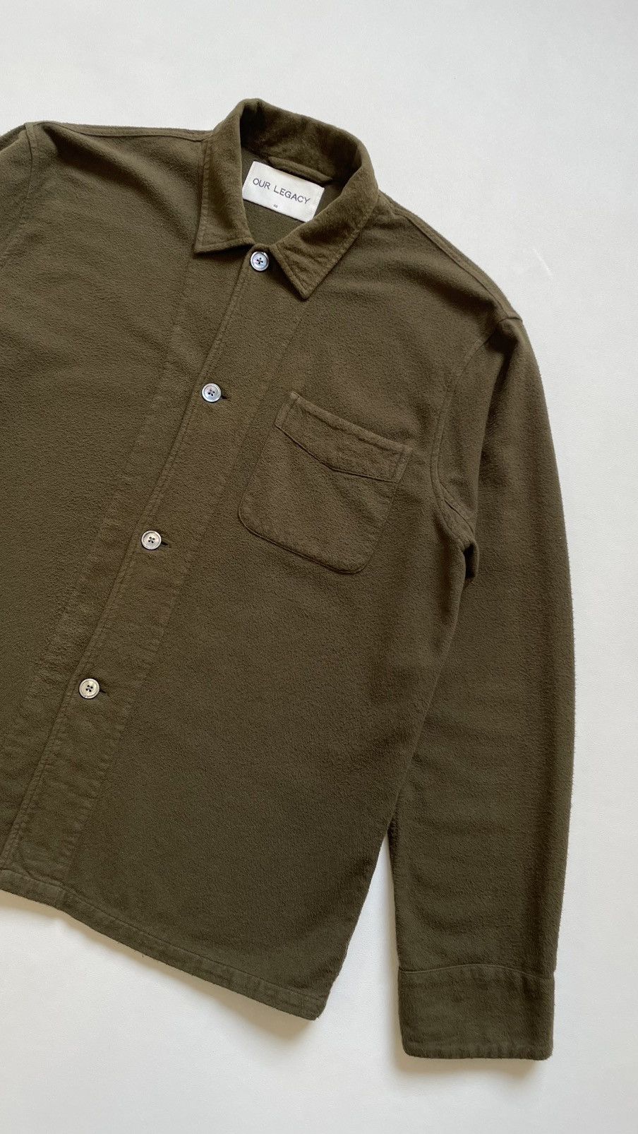 Our Legacy Pilled Olive Cotton Flannel Box Shirt Size US M / EU 48-50 / 2 - 5 Thumbnail