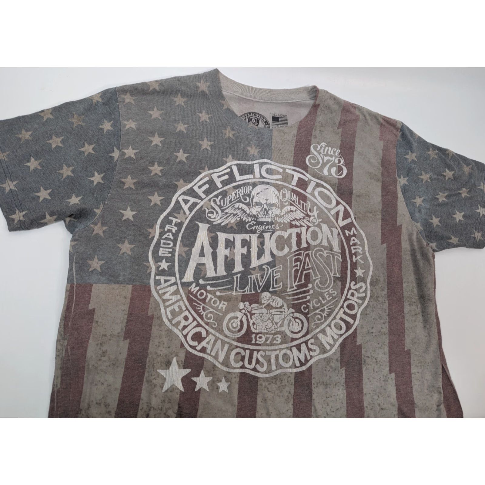 Affliction Affliction American Customs USA Flag Skull T-Shirt Mens 3XL White Gray Cotton Crew Neck Short Sleeve Size US XXL / EU 58 / 5 - 2 Thumbnail