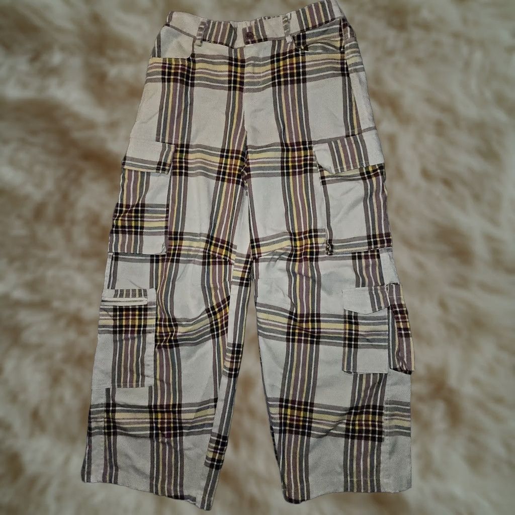 Urban Outfitters VINTAGE Urban Outfitters Cargo Pants Juniors PS Beige Plaid Wide-Leg 90s Grunge Bohemian Baggy Mid Rise Pockets Womens Size 28" / US 6 / IT 42 - 1 Thumbnail