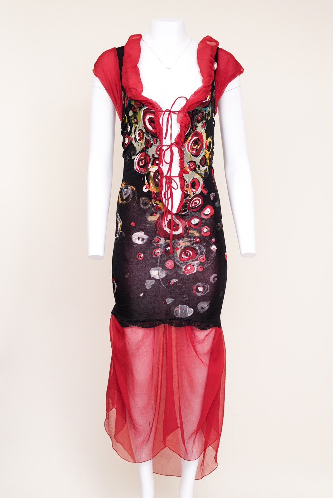 Jean Paul Gaultier Jean Paul Gaultier Plunging Red Patterned Tie Bodycon Dress Size S / US 4 / IT 40 - 3 Thumbnail
