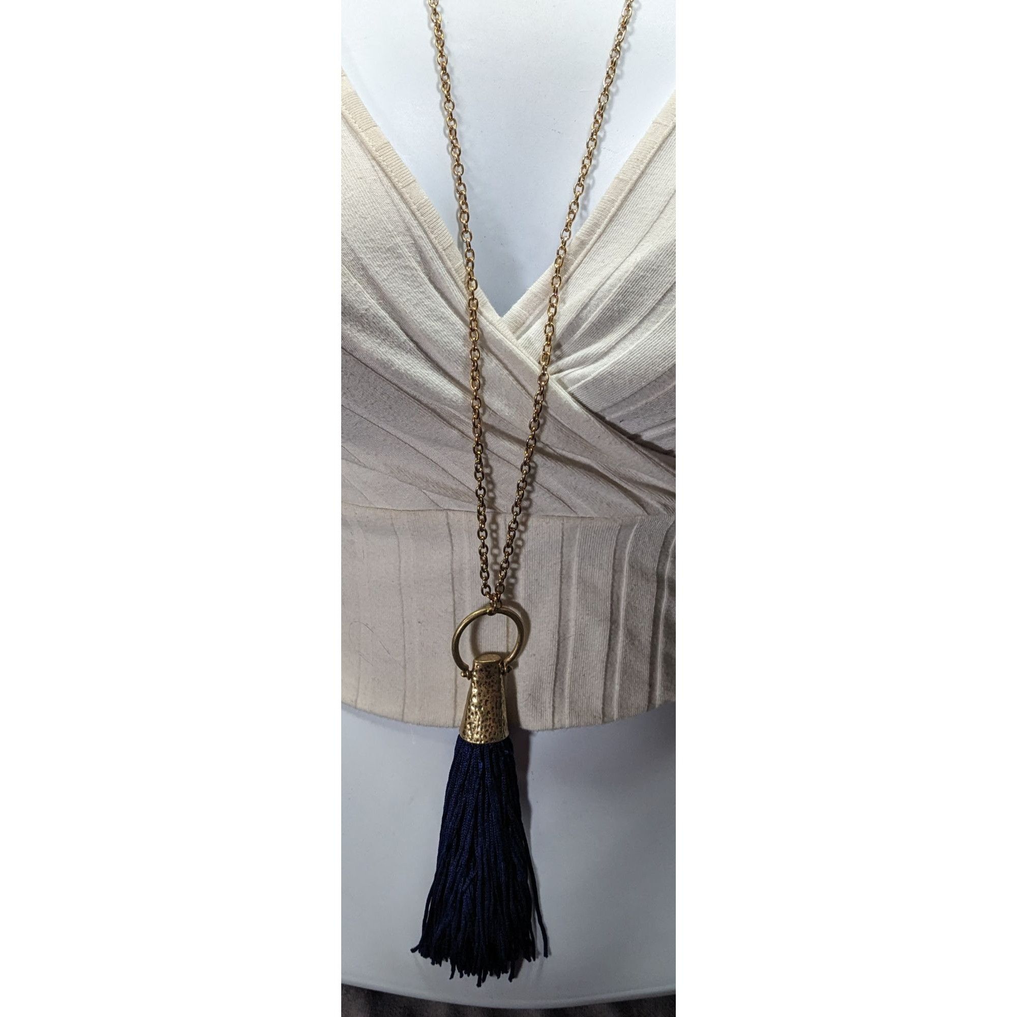 Other Hammered Gold Tone Tassel Pendant Necklace With Blue Tassel Size ONE SIZE - 3 Thumbnail