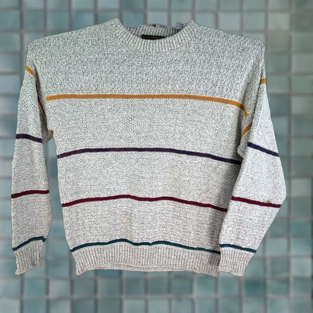 Vintage VTG Issue Striped Cotton Pullover Sweater Mens M Gray 90s USA Crew Neck Knit Cable Logo, Pullover, Casual, Winter Fall, Regular Size Mens Size US M / EU 48-50 / 2 - 1 Thumbnail