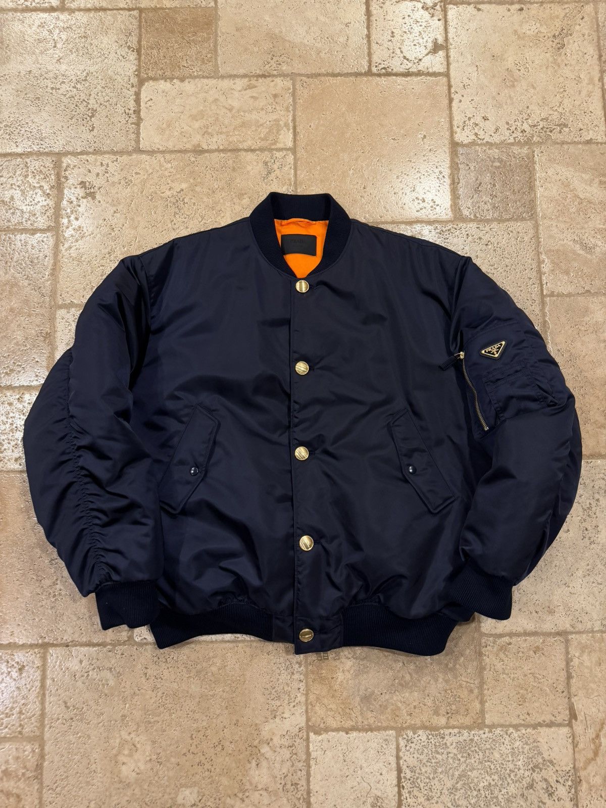 Prada Prada Re-Nylon Gold Logo Navy Blue Oversized Bomber Jacket Size US M / EU 48-50 / 2 - 1 Thumbnail
