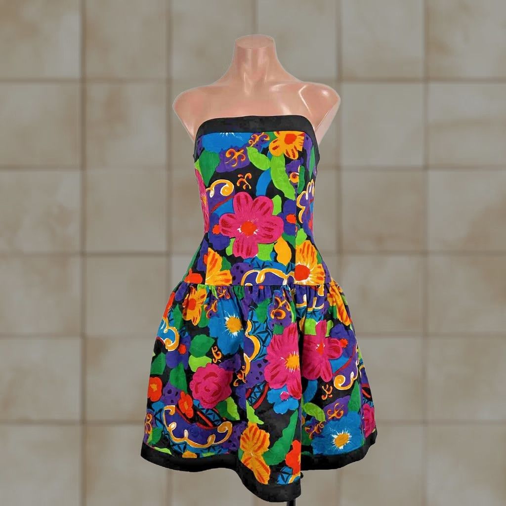 Vintage Vtg A.J. Bari Black Floral Print Cotton Strapless Fit Flare Dress Sz 14 NWT 90s Size XL / US 12-14 / IT 48-50 - 1 Thumbnail
