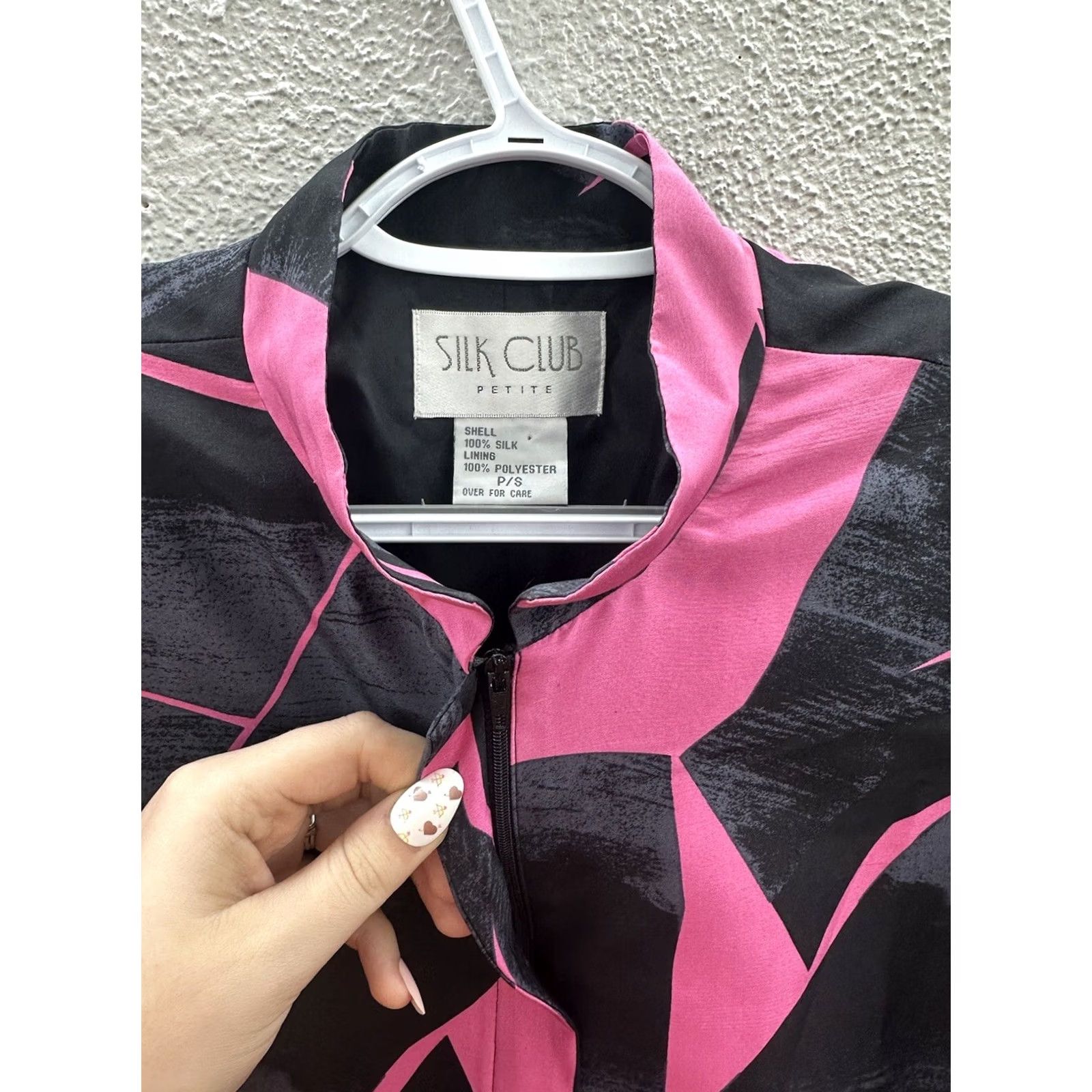 Vintage Silk Club Jacket Womens Petite Small Pink Black Zip Up Geometric Mid-Length Satin Lining Static Size S / US 4 / IT 40 - 3 Thumbnail