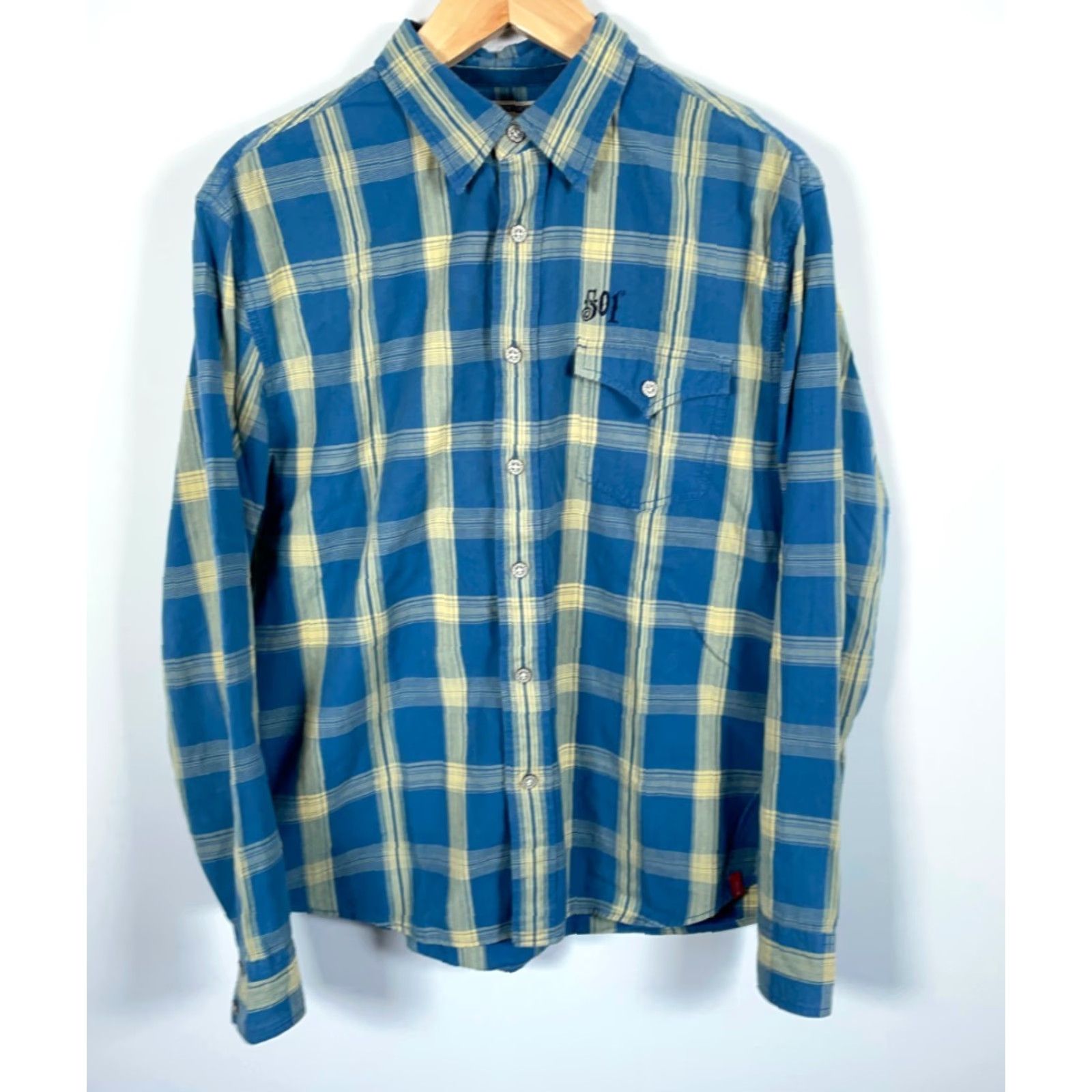 Levi's Levi's 501 Plaid Shirt Mens XL Blue Yellow Western Metal Buttons (2XL Tag) Size US XL / EU 56 / 4 - 2 Thumbnail