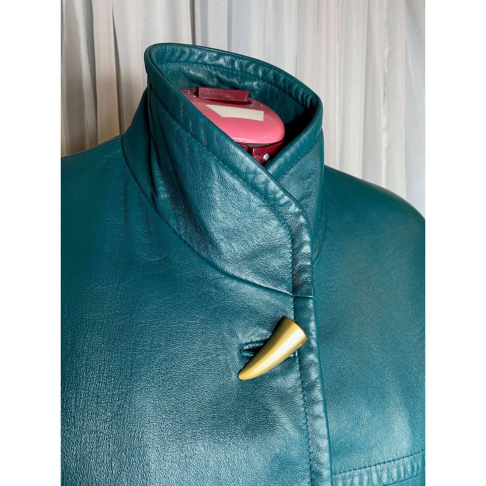 Vintage leather Jacket coat Jaqueline Ferrar teal green blue gold Size US M / EU 48-50 / 2 - 2 Thumbnail