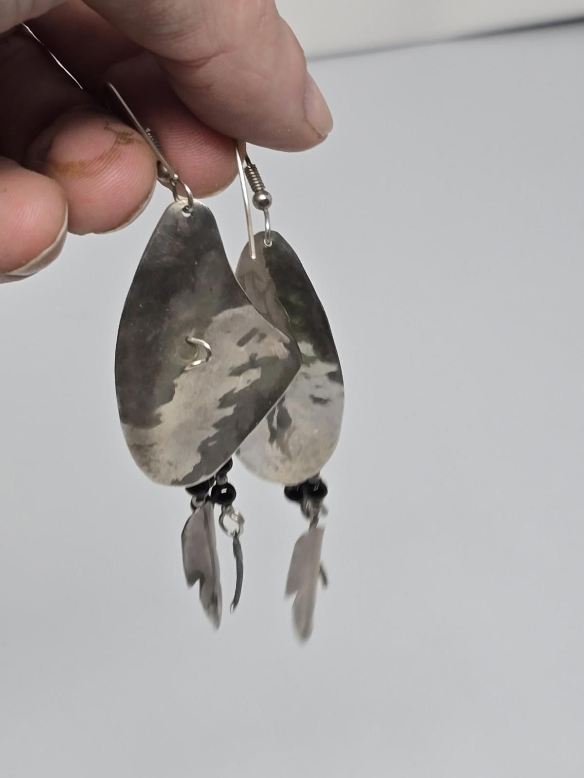 Native Handmade Sterling Silver Feather Dangle Earrings- HEAVY Size ONE SIZE - 8 Thumbnail