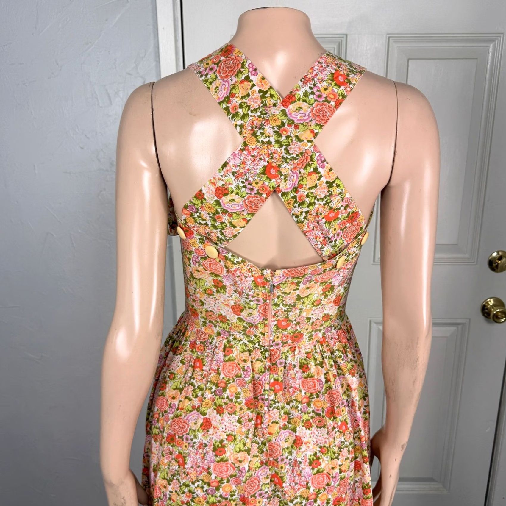 Vintage VINTAGE Dress Floral Cotton Ruffle Cottage Open Pockets Knit 50s 60s Shirt Dress XS Orange Womens Mid-Length Sleeveless Cap? Size XS / US 0-2 / IT 36-38 - 5 Thumbnail