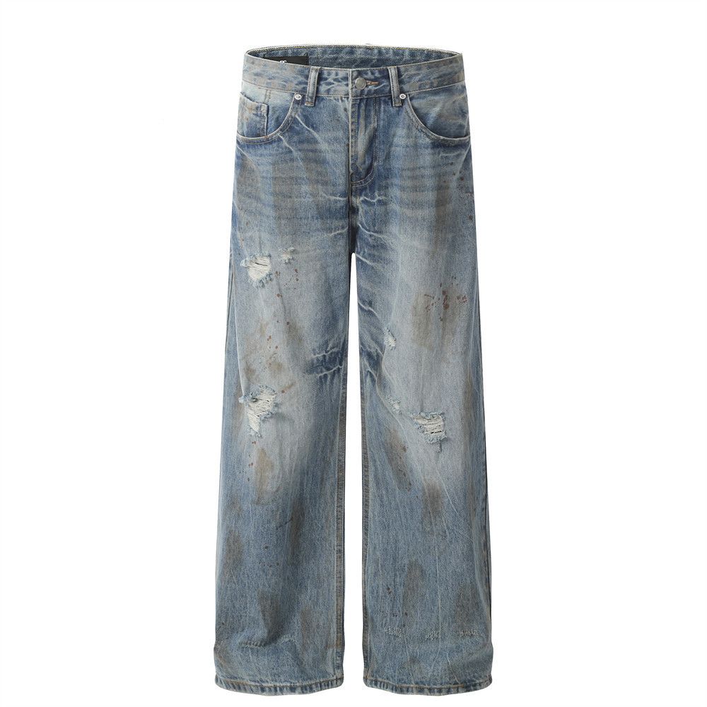 Vintage Punk men's high street washed distressed loose ripped jeans Size US 32 / EU 48 - 1 Thumbnail
