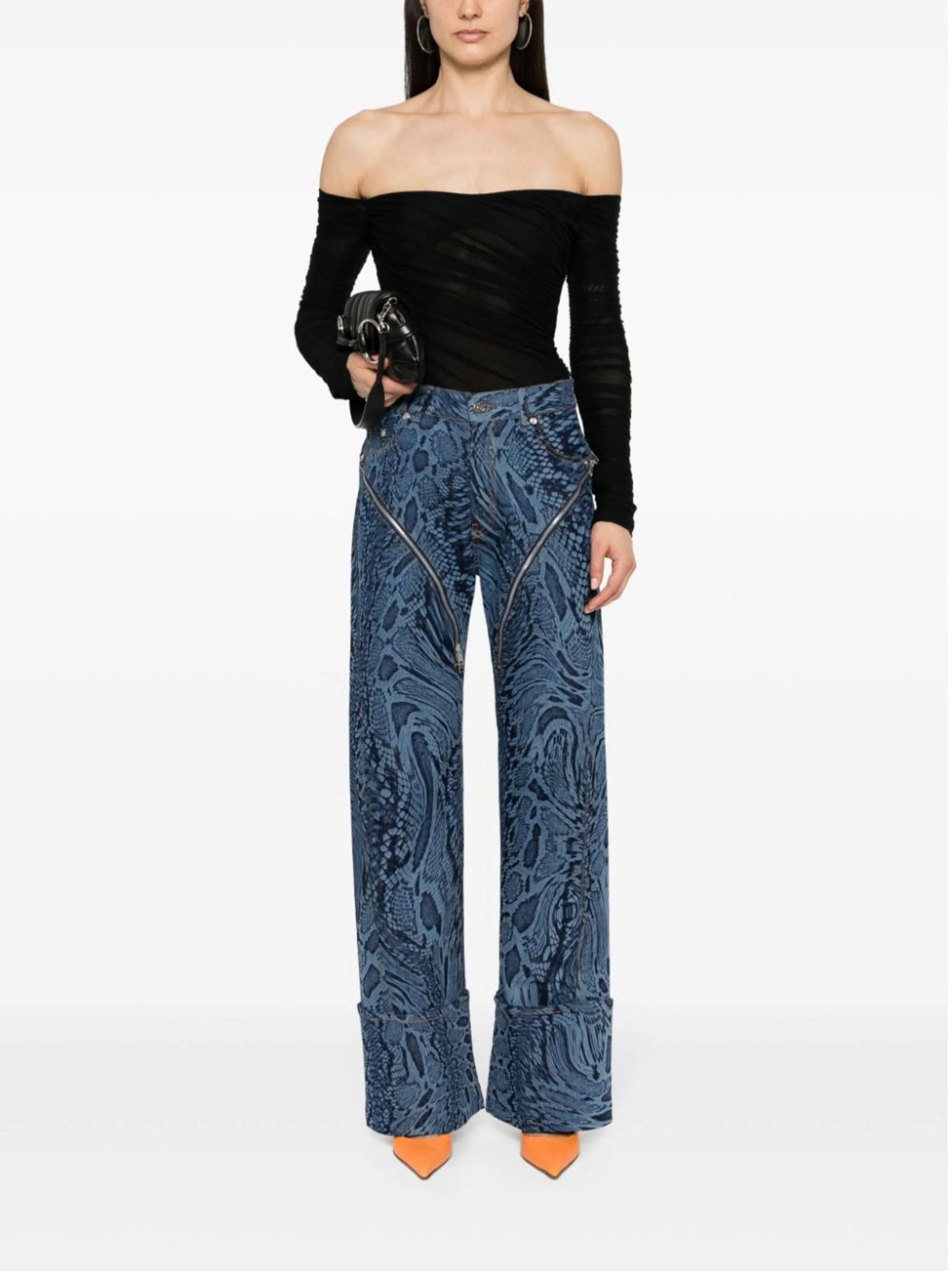 Mugler o1s22i1n1024 Off Shoulder Mesh Bodysuit in Black Size XS / US 0-2 / IT 36-38 - 2 Thumbnail