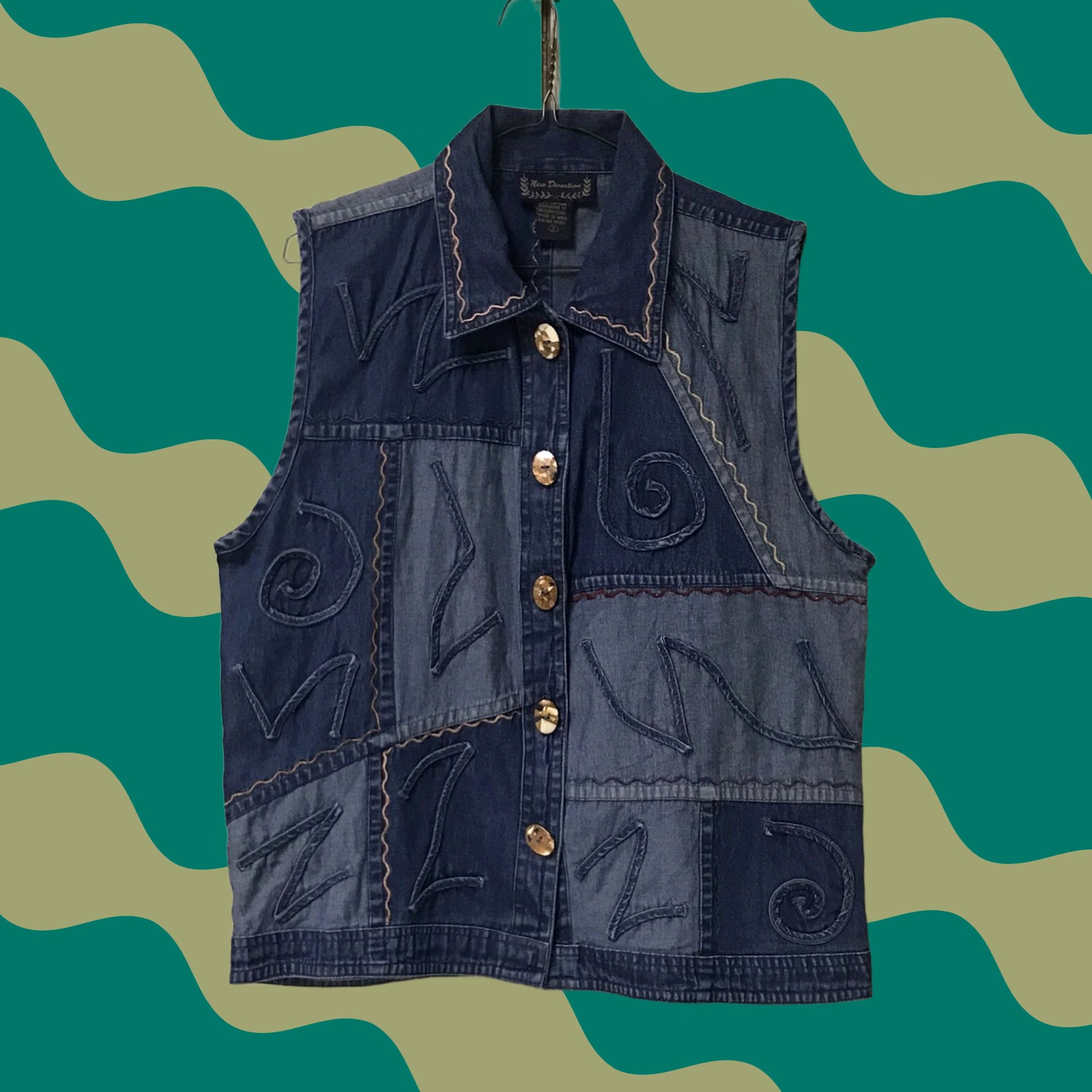 Denime VINTAGE New Direction Women Blue Geometric Quilted Button-Up Jean Denim Vest S Size 28" / US 6 / IT 42 - 1 Thumbnail