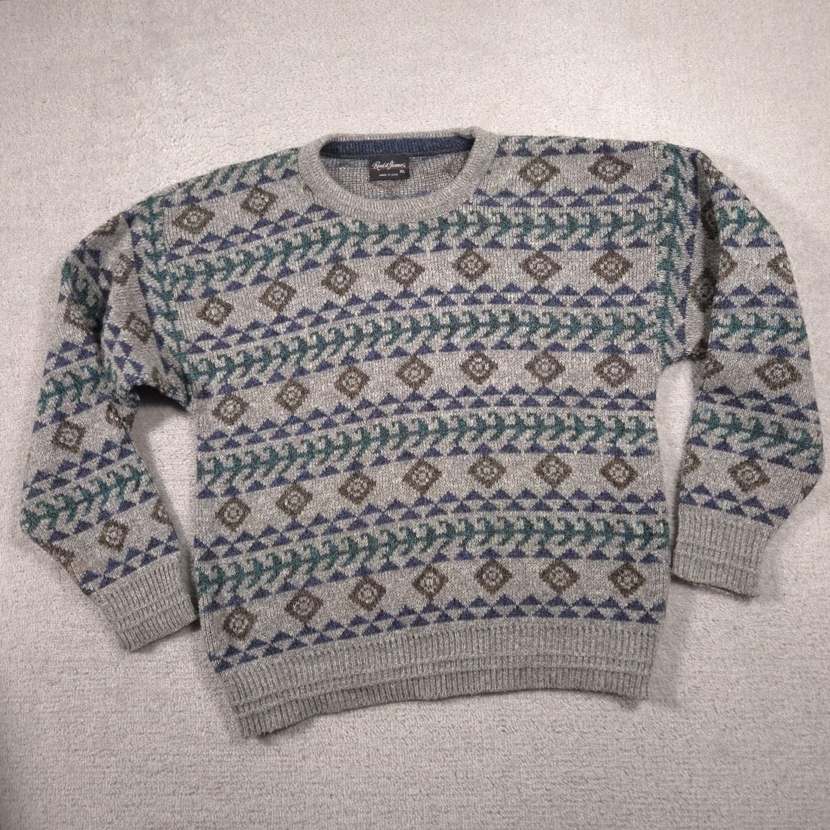 Vintage Reed St. James Sweater Mens XL Gray Geometric Knit Crewneck Pullover Made In USA Size US XL / EU 56 / 4 - 2 Thumbnail