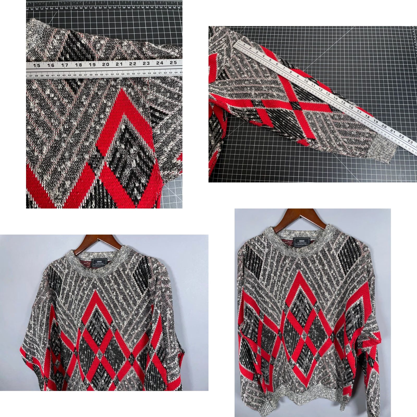 Sears VINTAGE 80s Sears Argyle Pattern Sweater Adult XL Gray Red Heavyweight Pullover Mens Size US XL / EU 56 / 4 - 8 Thumbnail