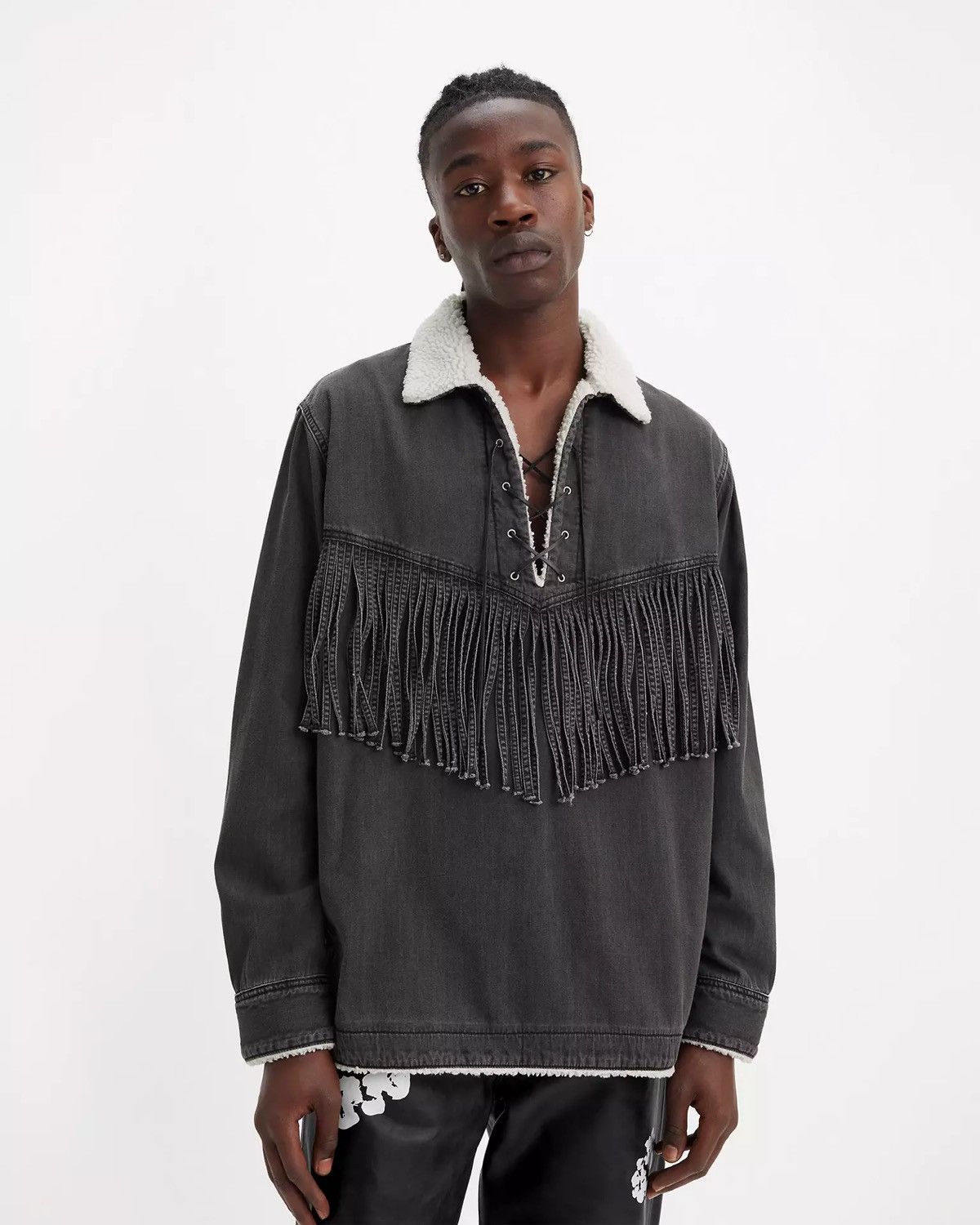 DENIM TEARS × Levi's New Motorcycle/Western Black Faded Denim Sherpa Pullover Size US XL / EU 56 / 4 - 2 Thumbnail