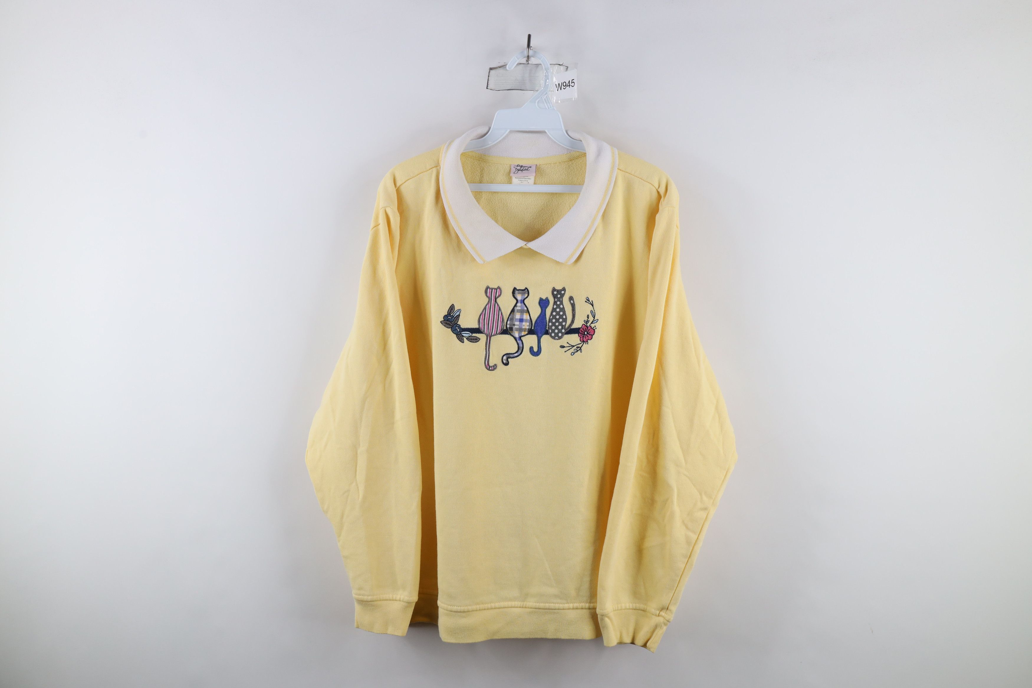 Vintage Vintage 90s Streetwear Cat Kitten Flower Collared Sweatshirt Size XXL / US 16-18 / IT 52-54 - 1 Thumbnail