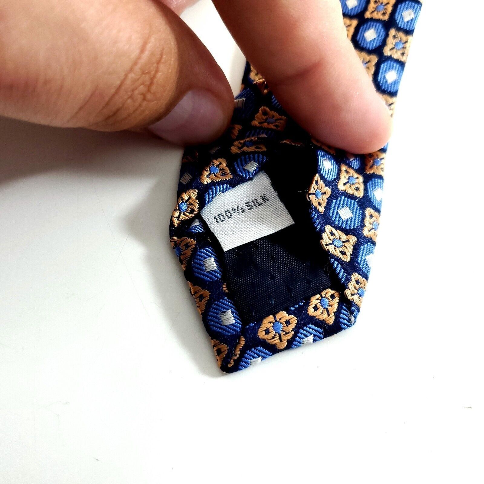 Egara Egara Tan Blue Woven Geomeric Floral Silk Tie Size ONE SIZE - 4 Thumbnail