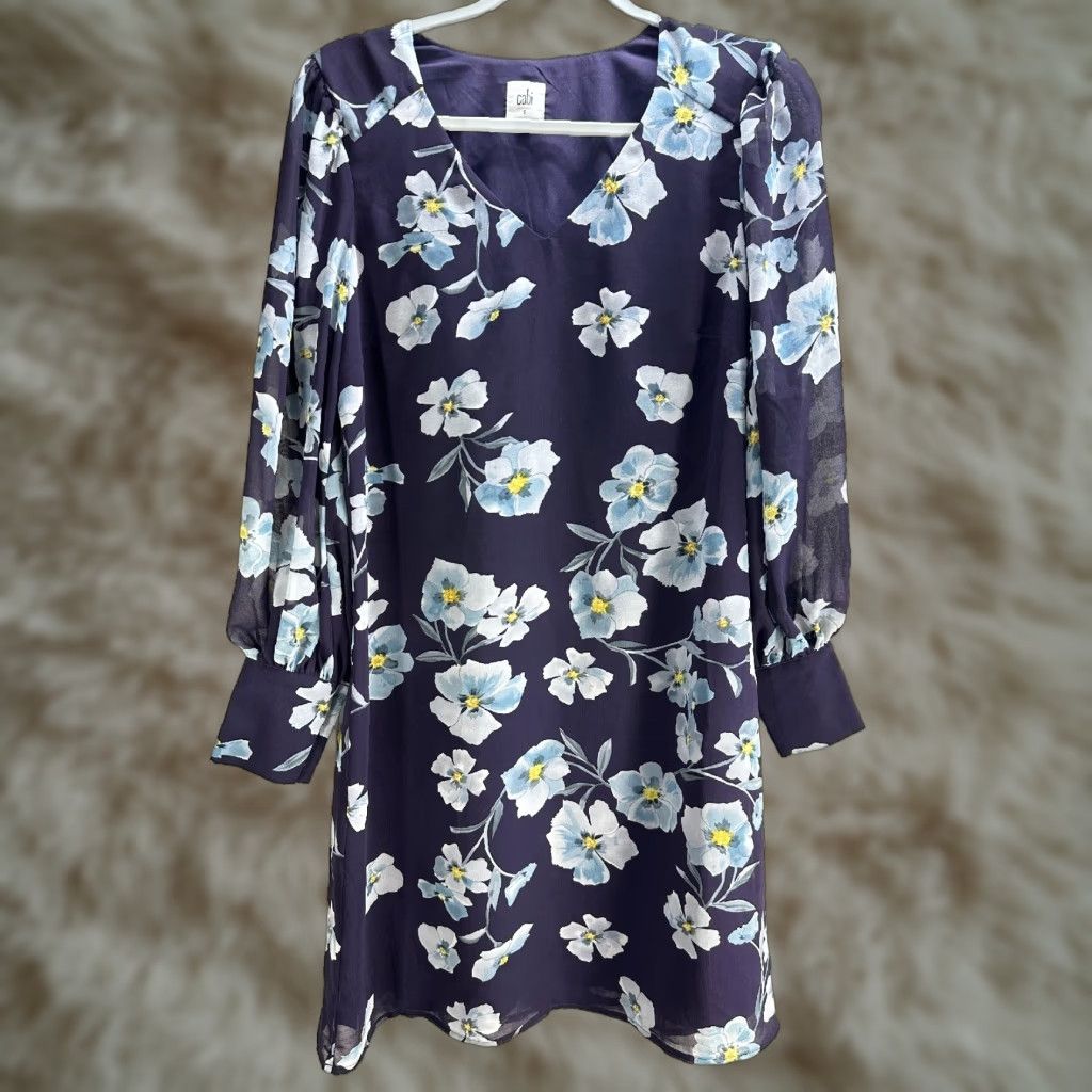 Vintage Cabi Ellery Long Puff Sleeve Shift Dress Purple Floral Sheer Lined Cocktail Sz S Womens Size S / US 4 / IT 40 - 1 Thumbnail