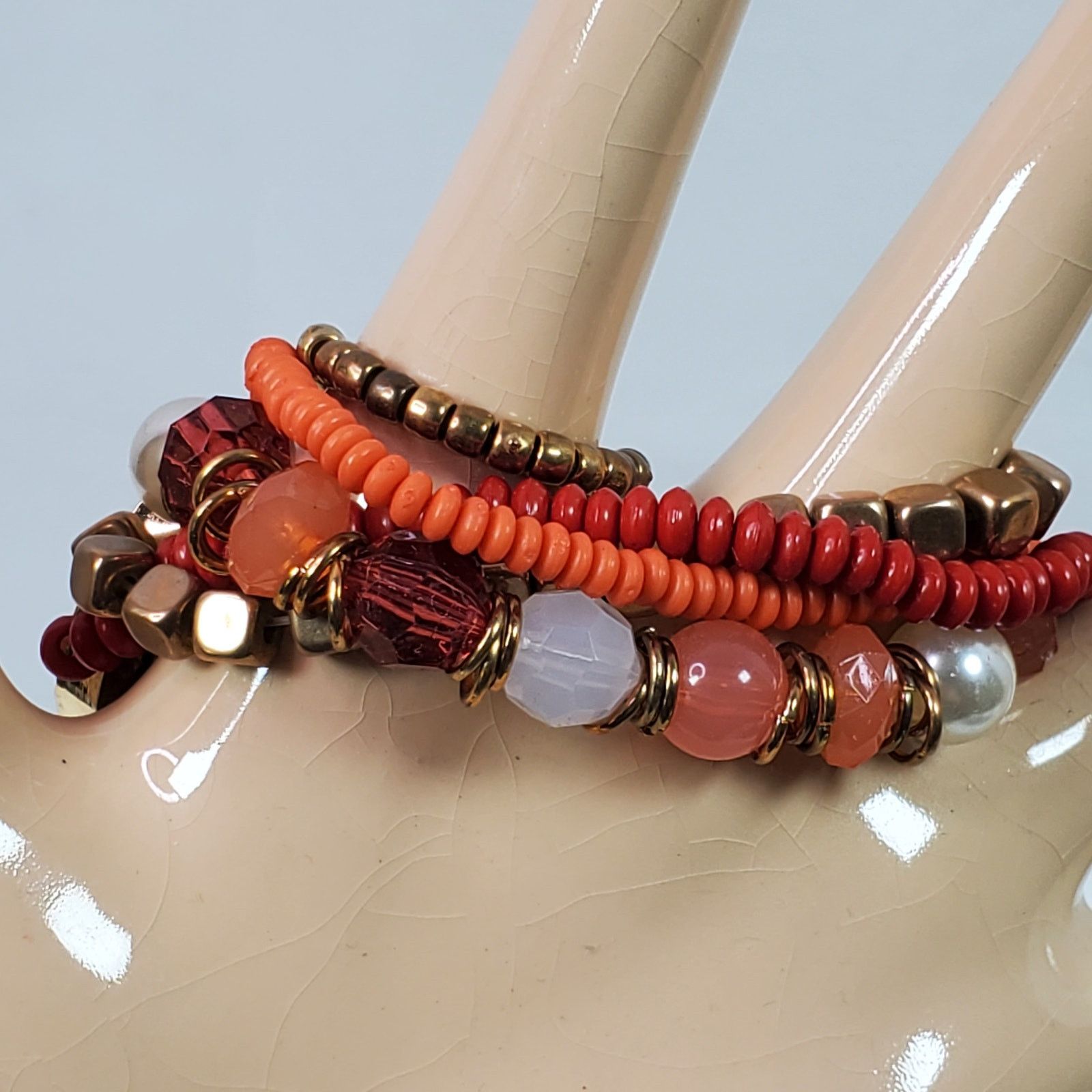 The Unbranded Brand L & J Beaded Wristwatch Multi Strand Red Pink Gold Tone Size ONE SIZE - 4 Thumbnail