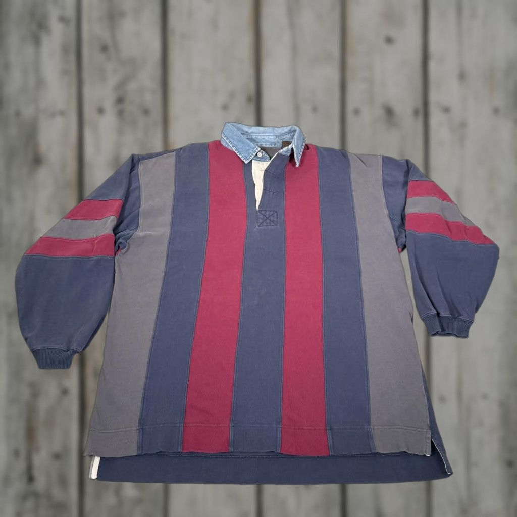 Vintage VINTAGE Halifax Polo Men XL Blue Gray Striped Rugby Heavyweight 100% Cotton Denim Collar 90s Mens Size US XL / EU 56 / 4 - 1 Thumbnail