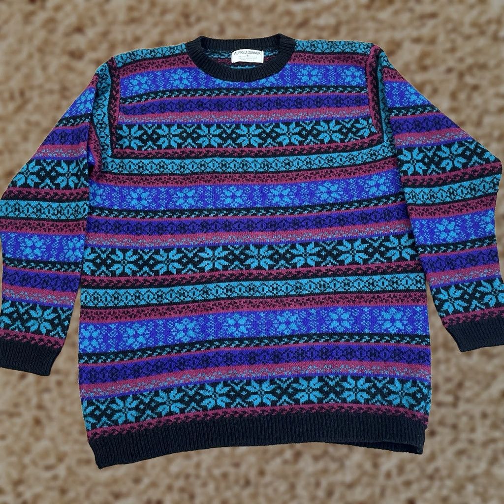 Vintage VINTAGE Alfred Dunner Knit Sweater Mens Large Blue Geometric 90s Pullover Knits Shirt Size US L / EU 52-54 / 3 - 1 Thumbnail
