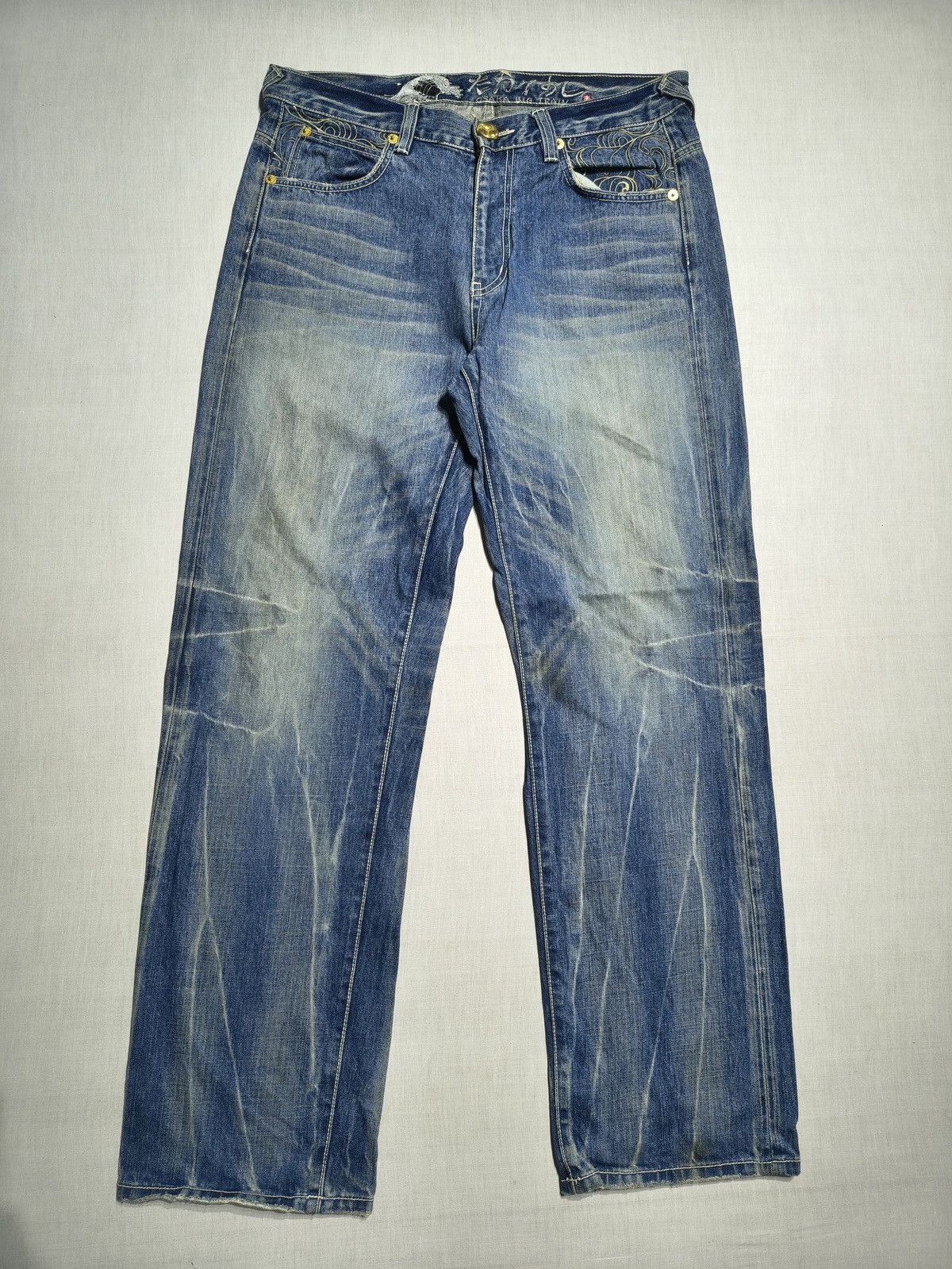 Japanese Brand Big Train Koi Fish Gold Embroidery y2k jeans (047) Size US 36 / EU 52 - 8 Thumbnail