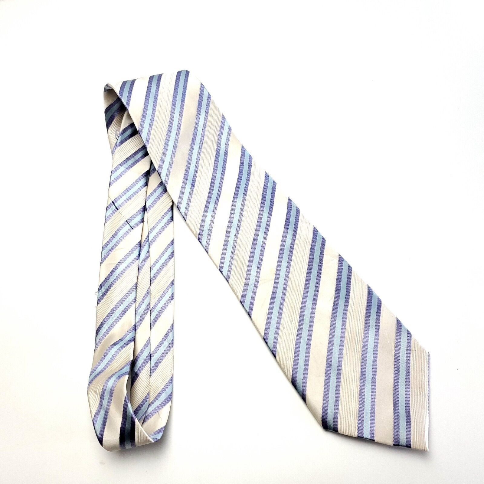 Designer Henry Jacobson Silk Tie Woven Cream Blue Striped Wide Size ONE SIZE - 7 Thumbnail