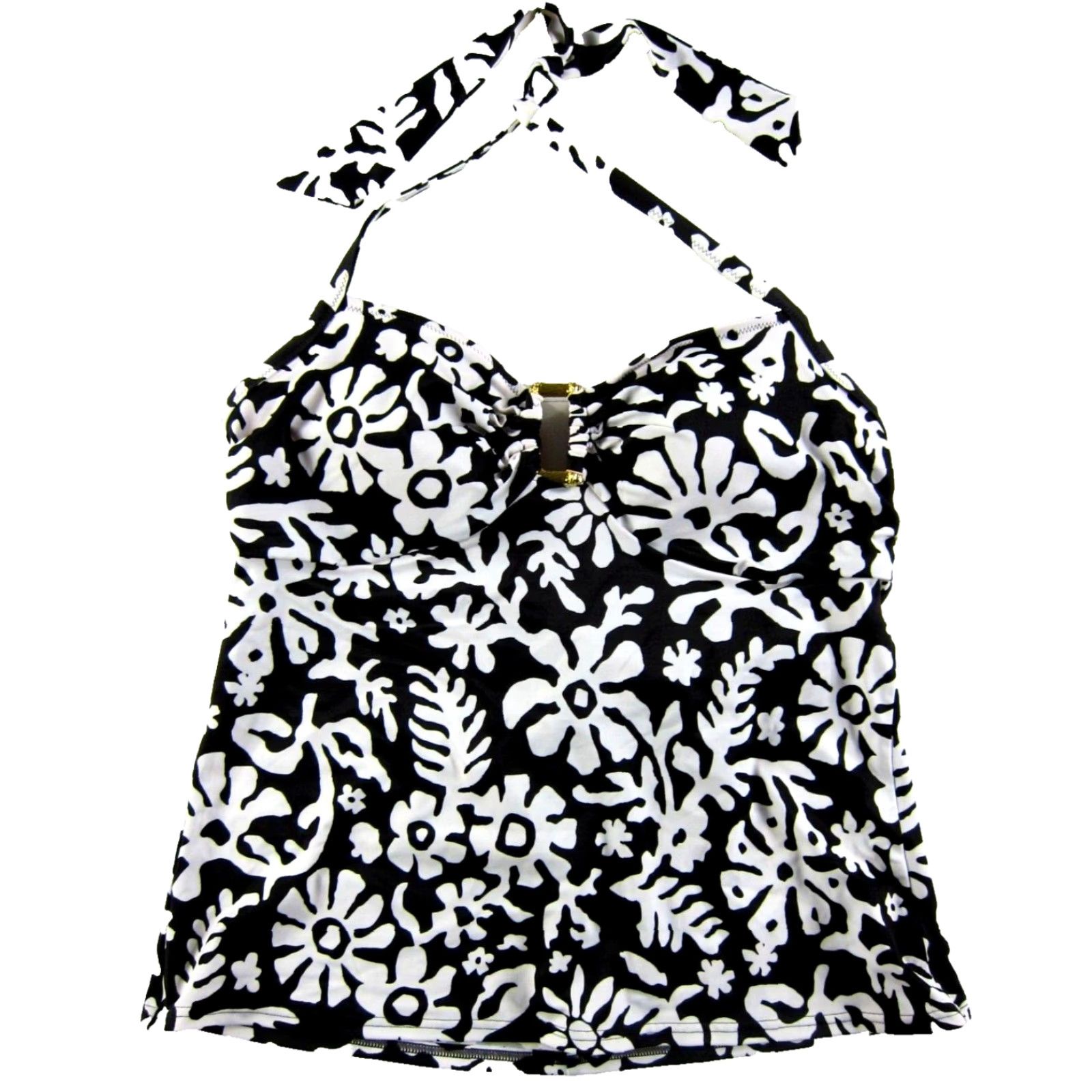 Lands' End Lands' End Black White Gold Floral Padded Built In Bra Halter Tankini Swim Top 16 Size XXL / US 16-18 / IT 52-54 - 2 Thumbnail