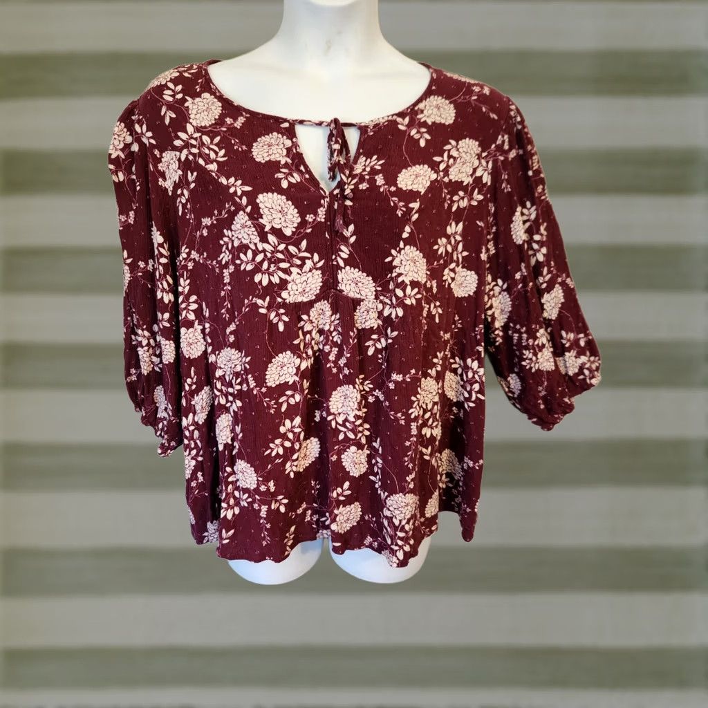 Vintage Papermoon Burgundy Clip Dot Floral Crinkle Top Bohemian Hippie 3X Purple Rayon 3/4 Sleeve Round Neck Blouse Women Plus Size Casual/Nights/Travel Size XXL / US 16-18 / IT 52-54 - 1 Thumbnail