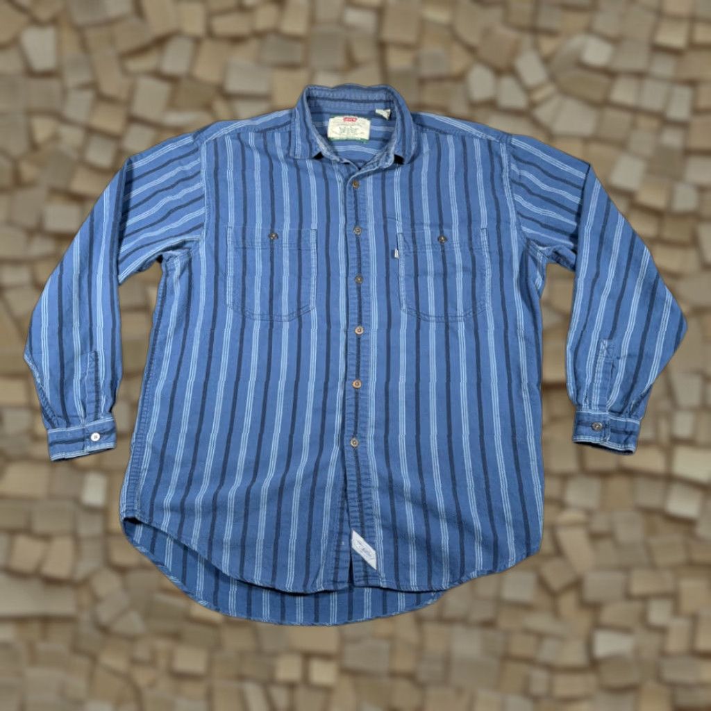 Levi's VINTAGE Levi's Shirt Adult LARGE Blue Striped Cotton Flannel 90s Button-Up Long Sleeve Rock Grunge Size US L / EU 52-54 / 3 - 1 Thumbnail