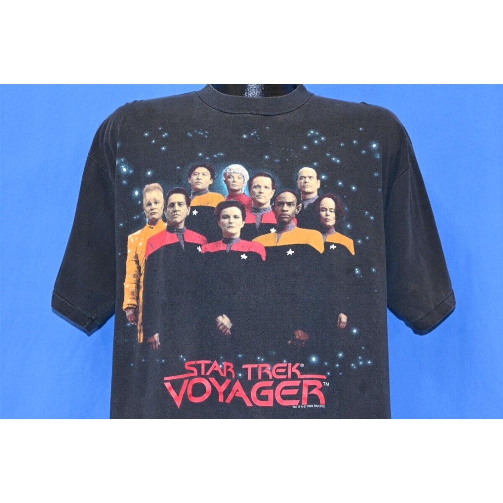 image of Vintage VTG 90's Star Trek Voyager 1995 Sci Fi Tv Show Kathryn Tuvok Chakotay T-Shirt XL in White