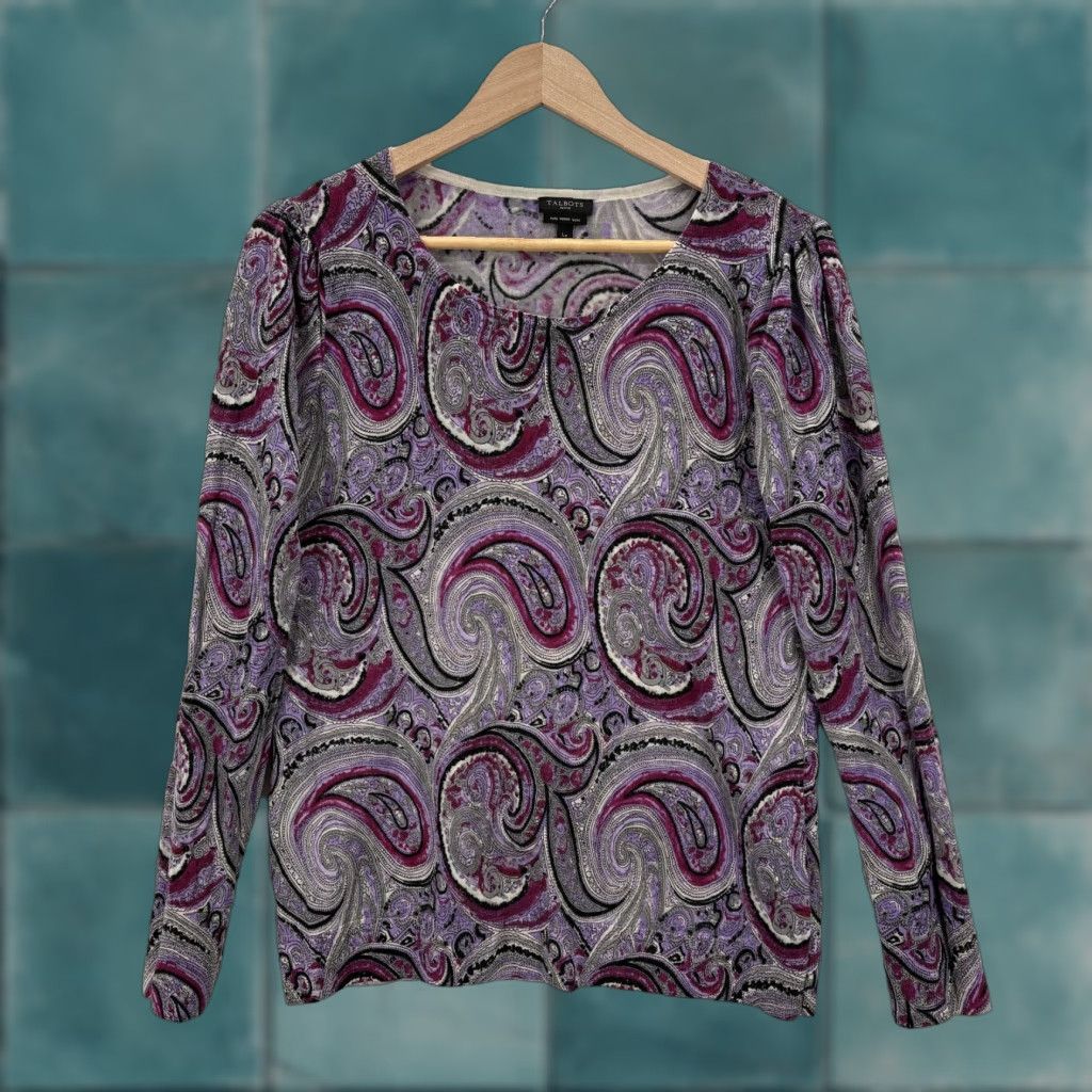 Talbots Talbots Sweater Womens PL Purple 100% Merino Wool Paisley Print Scoop Neck Knit Size L / US 10 / IT 46 - 1 Thumbnail