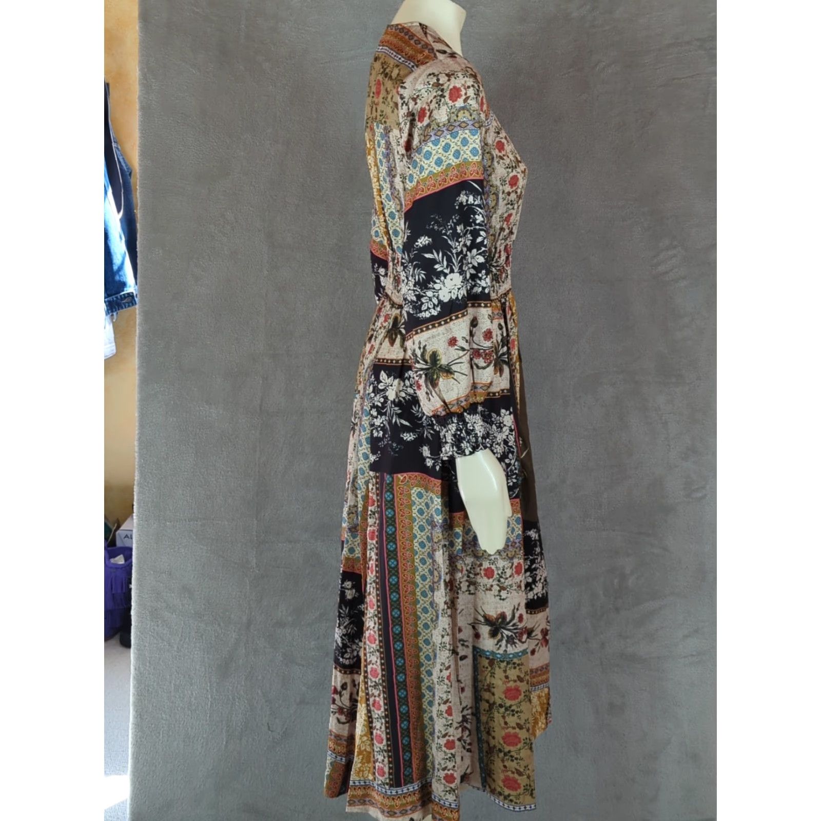 Halo Talisman Halo Maxi Boho Long Sleeve Dress S Button Front V-Neck Multicolor Patchwork Puff Sleeve Fruits? (Note: placeholder) Size S / US 4 / IT 40 - 5 Thumbnail